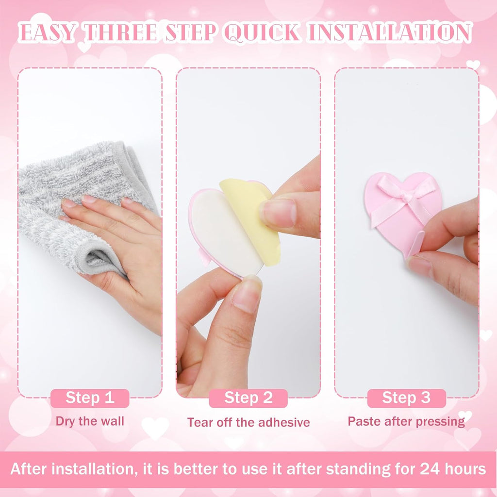Pink Bow Hooks for Wall Heart Shaped Coquette Wall Decor Stainless Steel Strong Adhesive Hook for Bedroom Home Kitchen Bathroom 12 Pcs