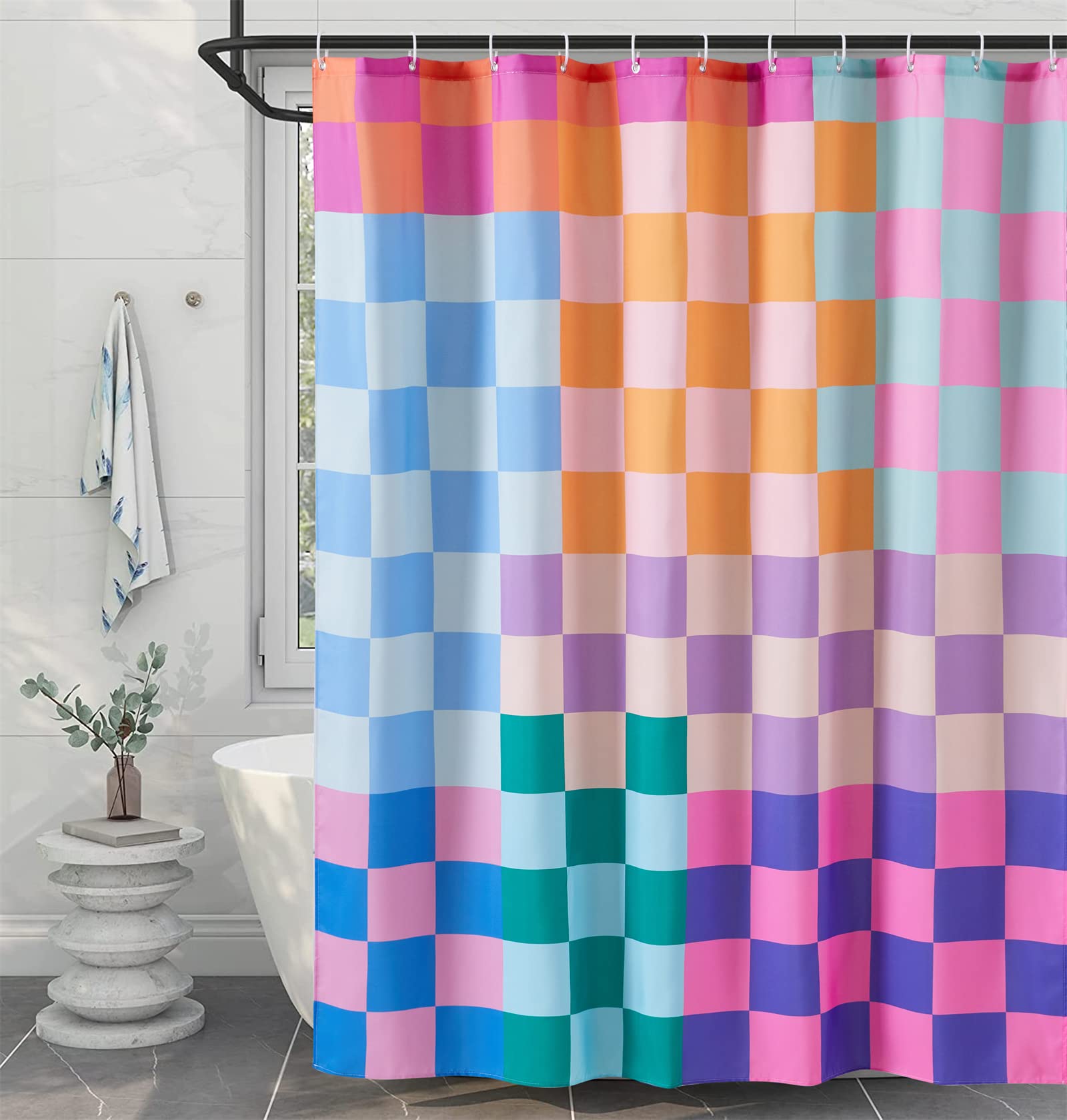 Multicolored Checkered Retro Fabric Shower Curtain for Bathroom, Heavy Duty & Waterproof Bright Rainbow Colorful Modern Simple Groovy Aesthetic Shower Curtain Set with Hooks Bathroom Decor