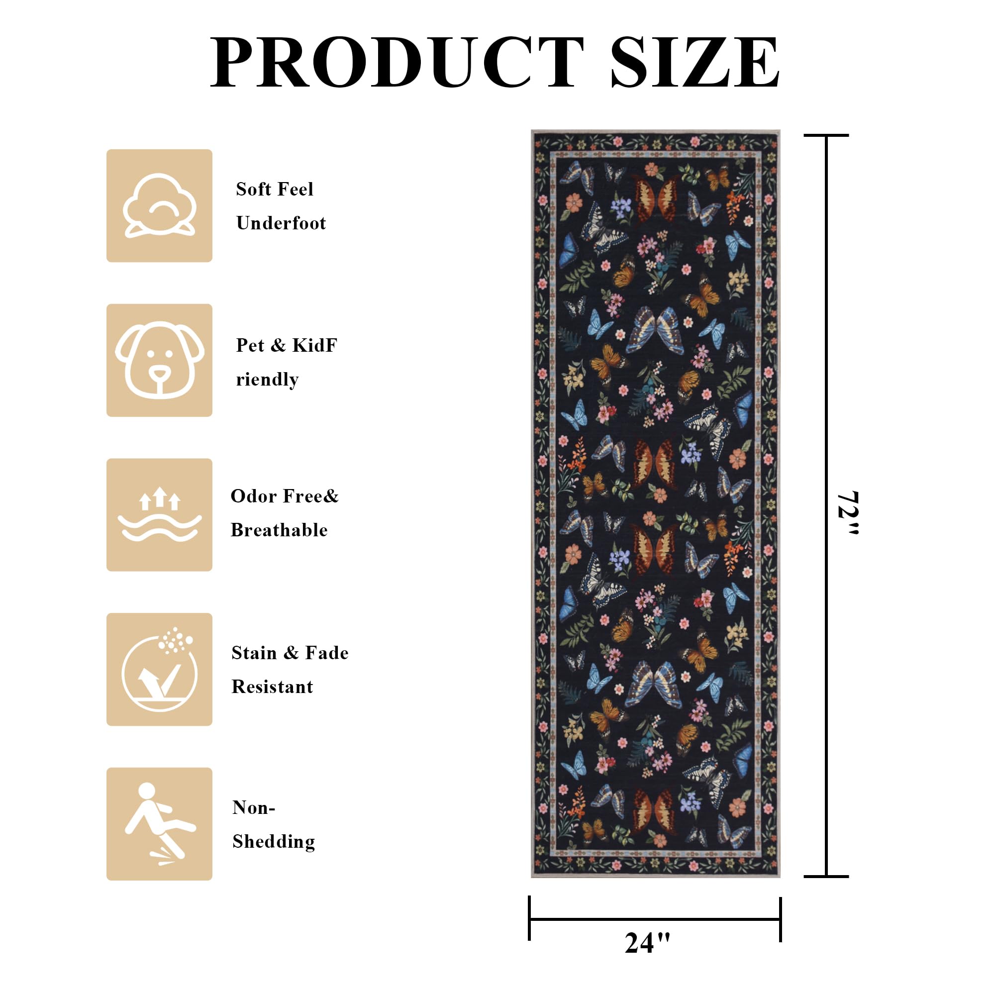 Insect Floral Area Rug, Machine Washable Area Rug Non-Slip Low Pile Large Bedroom Rug Stain Resistant Throw Rug Carpet