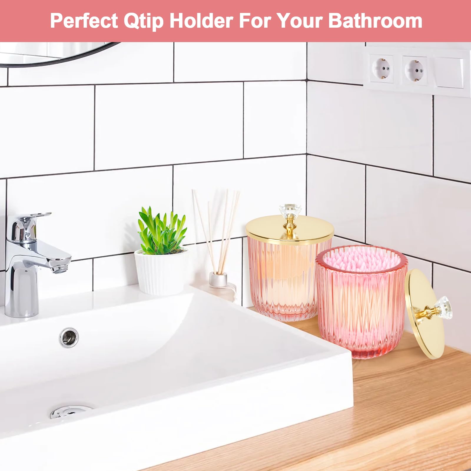 Cute Glass Apothecary Jars with Lid, Pink Cotton Ball Pad Round Container Holders and Vanity Canister Storage Jar for Makeup Sponges, Floss, Hair Accessories 2 Pack