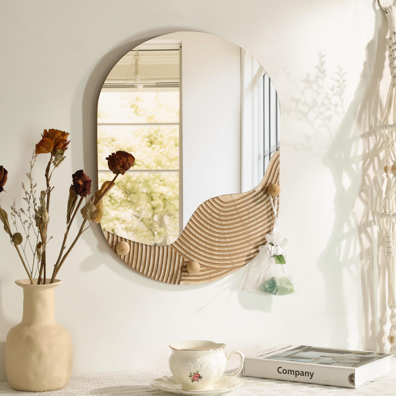 Wall Mirror Decor for Living Room Bedroom, Arched Wood Carved Wall-Mounted Decorative Mirror for Hallway Entryway Staircase Decor, Countryside Hanging Sculpture Home Accent