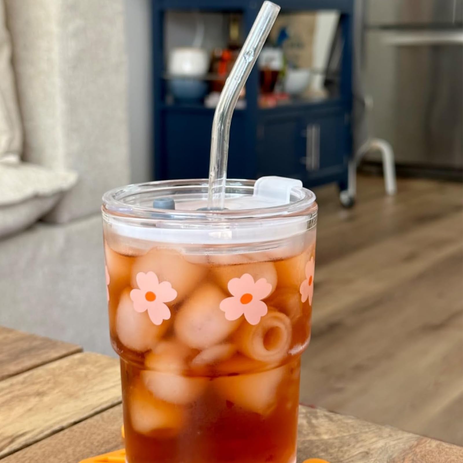 Glass Tumbler with Straw and Lid Sealed, Carry On Reusable Iced Coffee Cups,Thick Wall Glass Drinking Glassware Cups 13oz