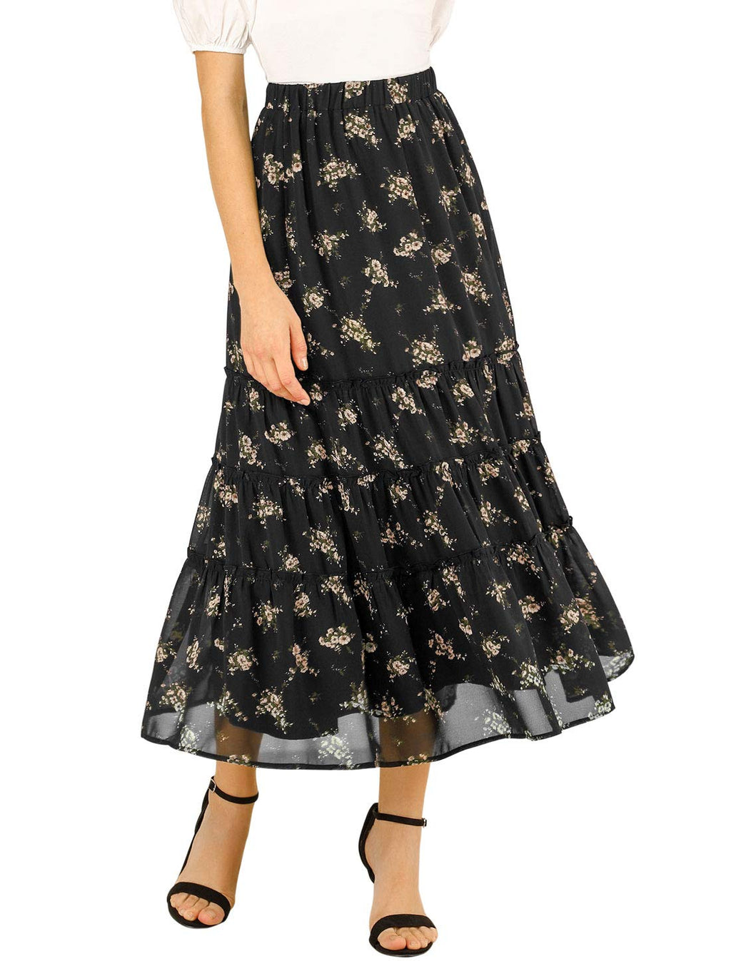 Women's Floral Skirt Chiffon A-line Long Tiered Ruffle Boho