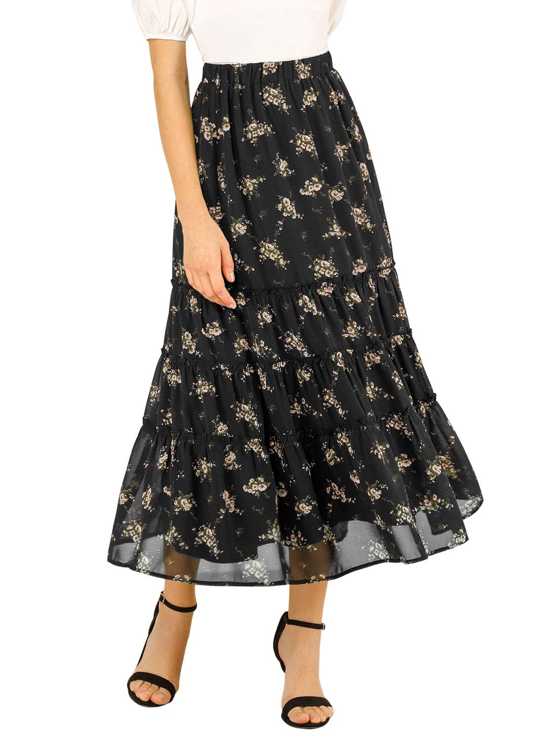 Women's Floral Skirt Chiffon A-line Long Tiered Ruffle Boho
