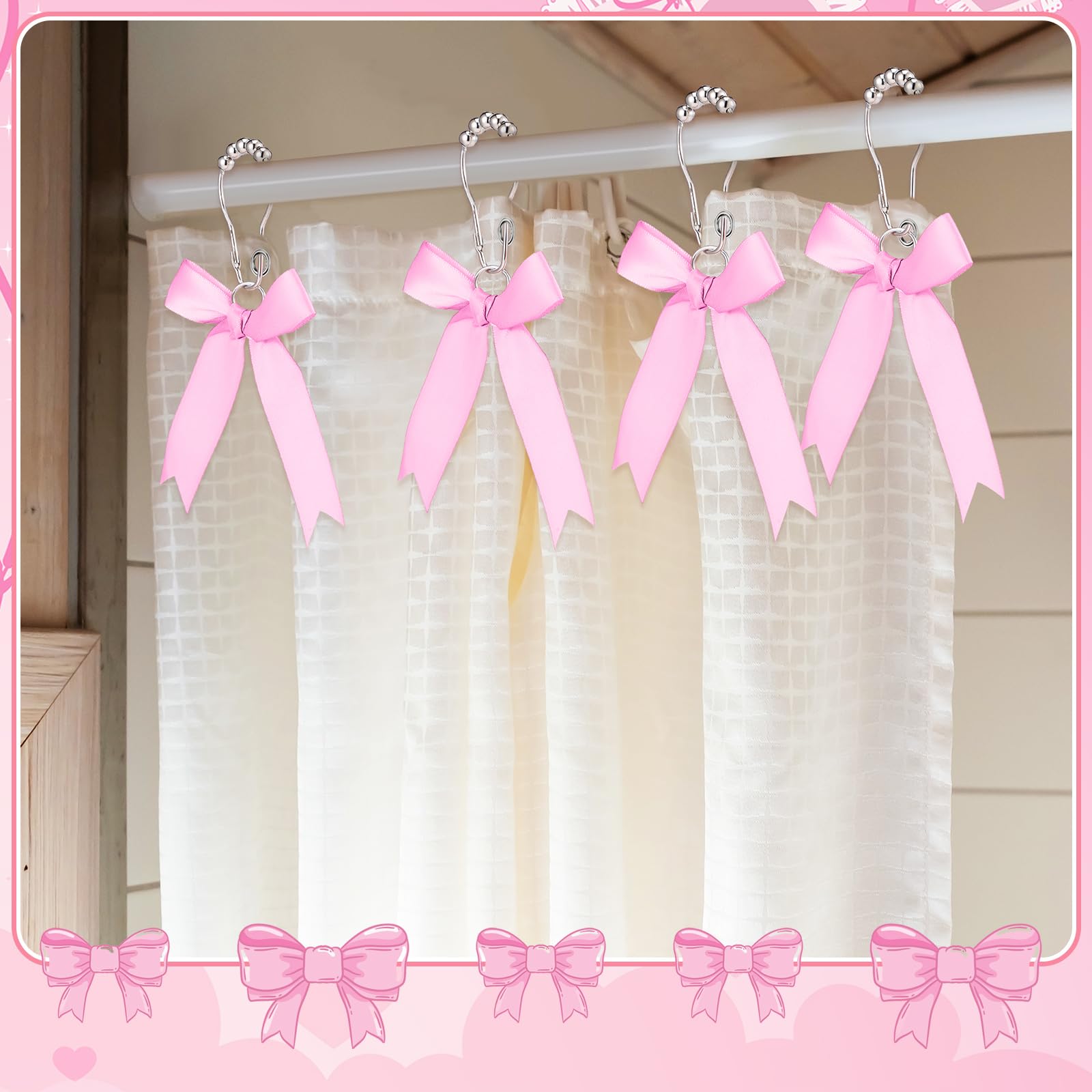 Cute Bow Knot Ribbon Curtain Hooks Decorative Shower Rings Hanger Bathroom Decor Bathroom Accessories 12 Pcs