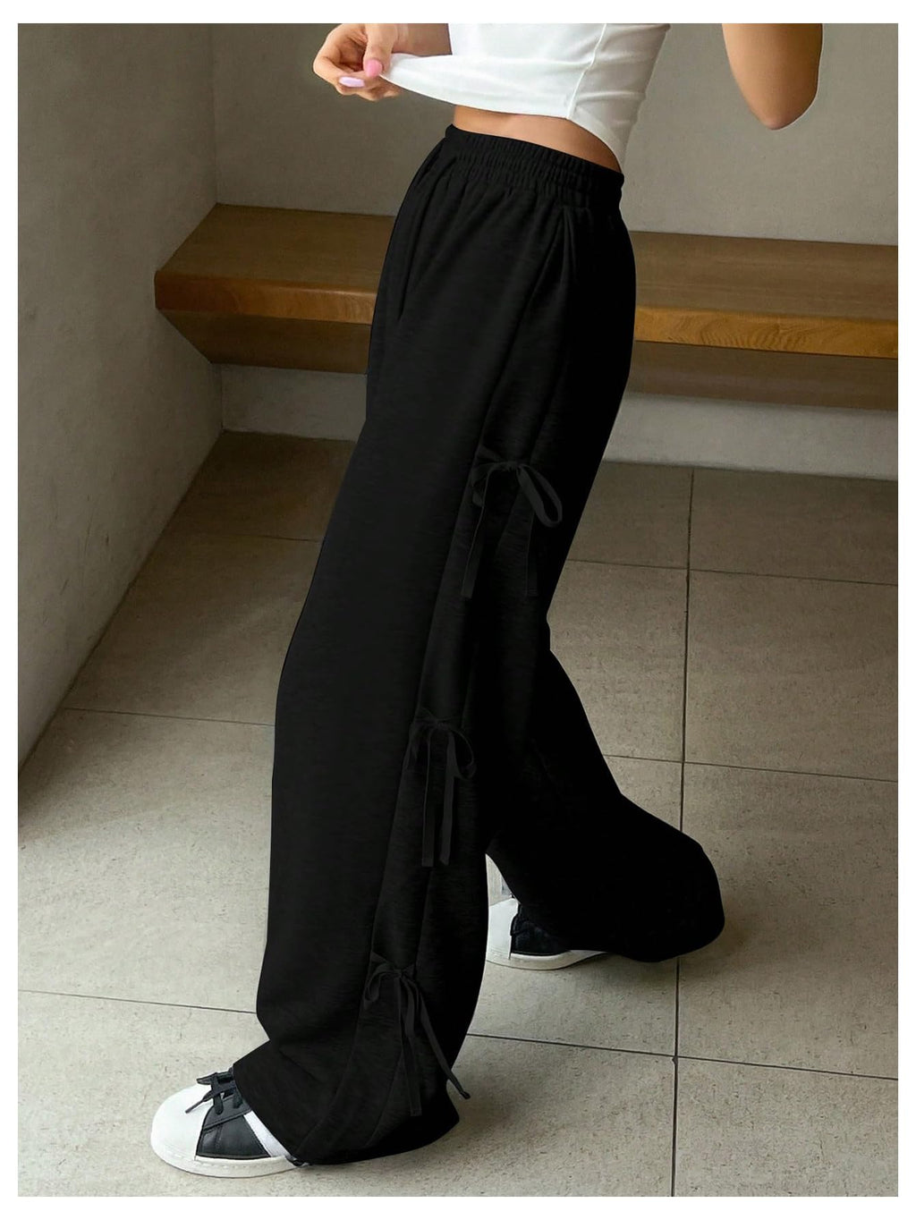 Women's Side Bow Tie Straight Leg Sweatpants Drawstring Elastic Waist Loose Athletic Sports Pants
