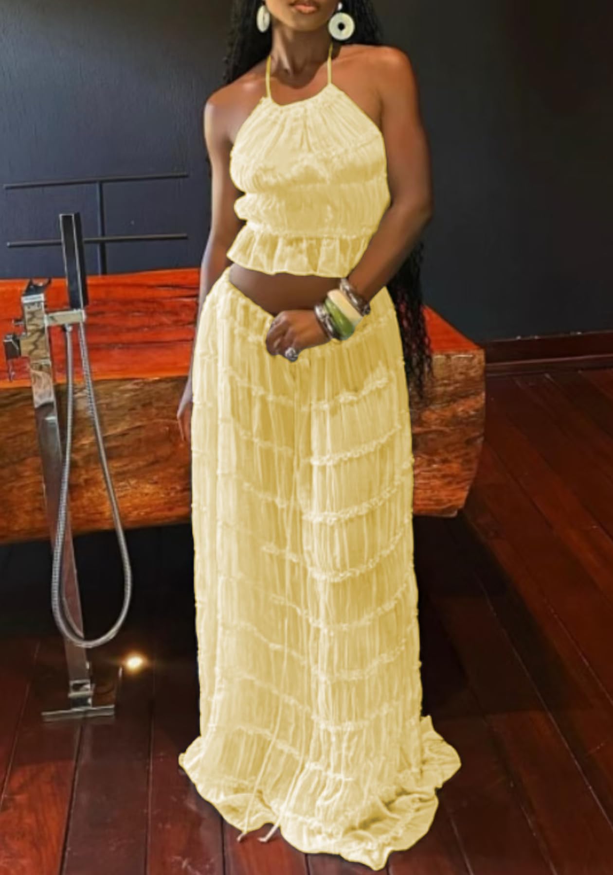 Skirt Sets Women 2 Piece Outfits Backless Halter Top And Pleated Ruffle Flowy Maxi Skirts Y2k Beach Vacation Set