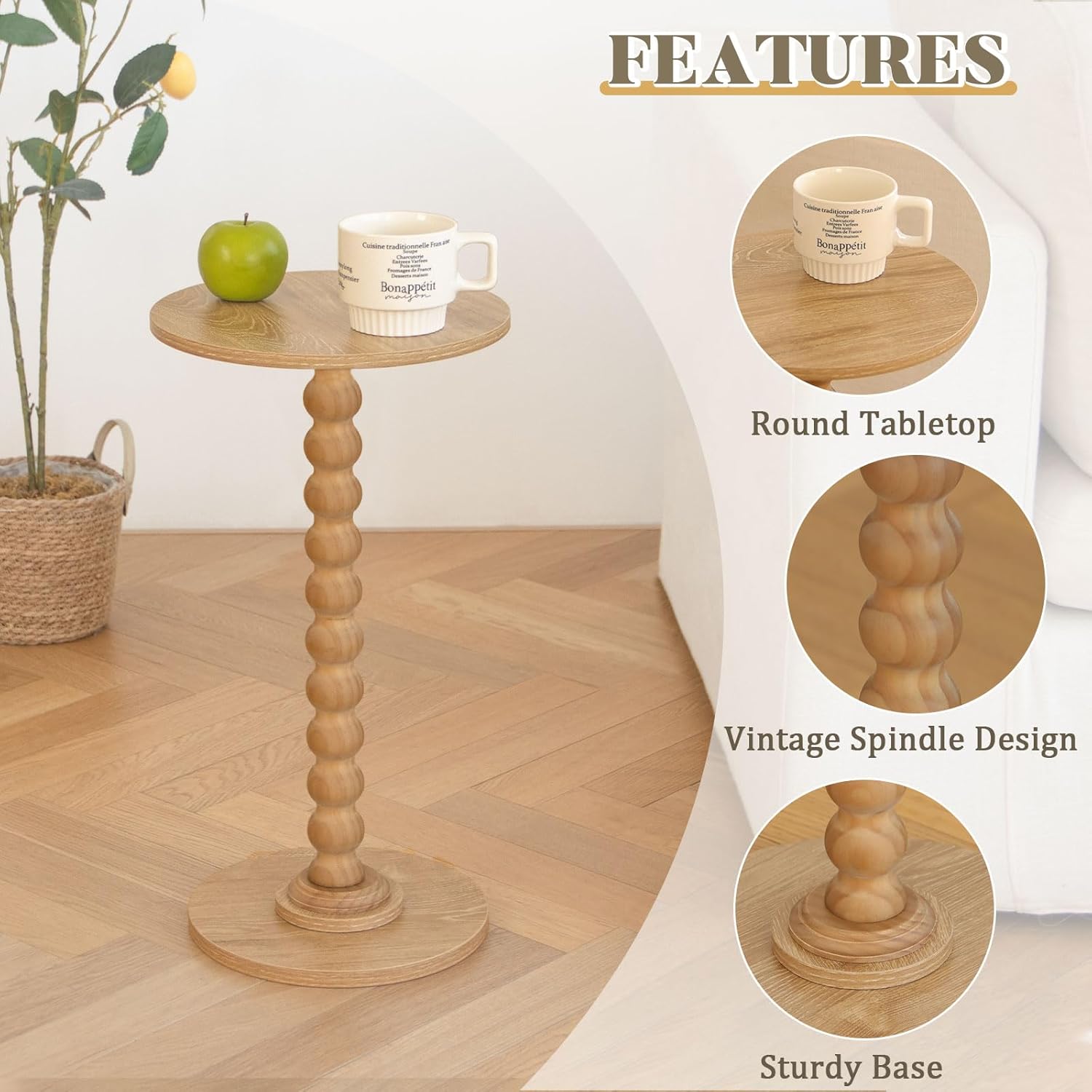 Round Side Table, Small Drink Table for Small Spaces, Modern Accent End Table Nightstand with Solid Wood Leg for Living Room, Bedroom, Corners, and Office