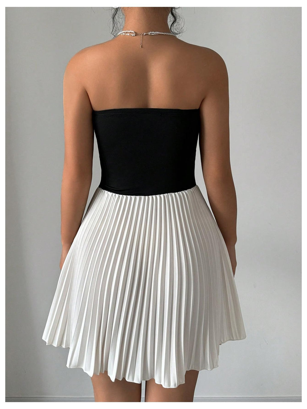 Women's Colorblock Strapless Tube Top Dress Backless Ruffled Pleated A Line Mini Dresses