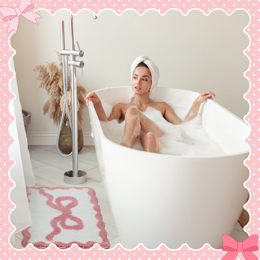 Scalloped Bow Bathroom Mat Non Slip Coquette Bow Rug Cute Aesthetic Scallop Carpet Preppy Room Decor Microfiber Absorbent Bath Rug for Bathroom Bathtub Shower Bedroom(Black,16" X 24")