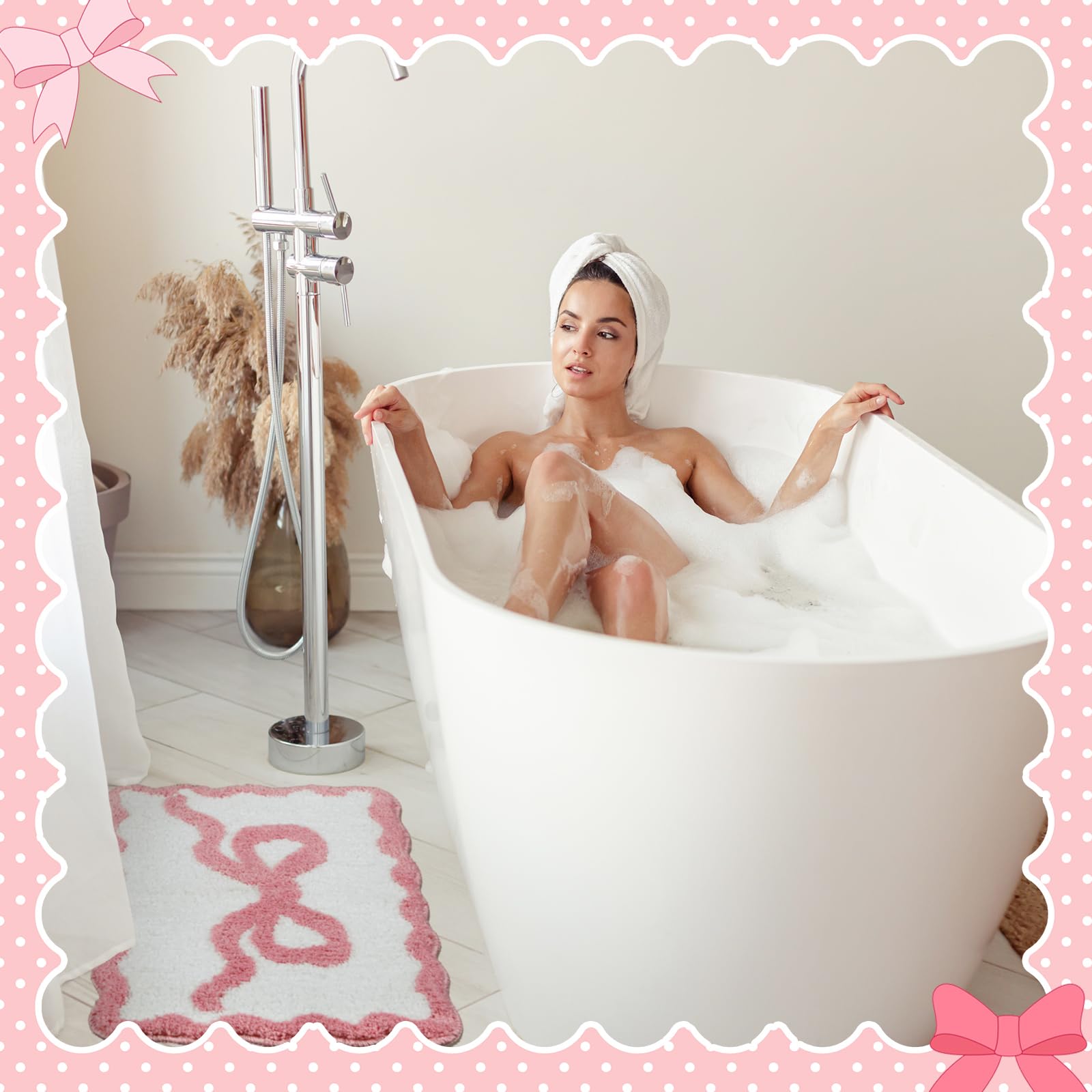 Scalloped Bow Bathroom Mat Non Slip Coquette Bow Rug Cute Aesthetic Scallop Carpet Preppy Room Decor Microfiber Absorbent Bath Rug for Bathroom Bathtub Shower Bedroom(Black,16" X 24")