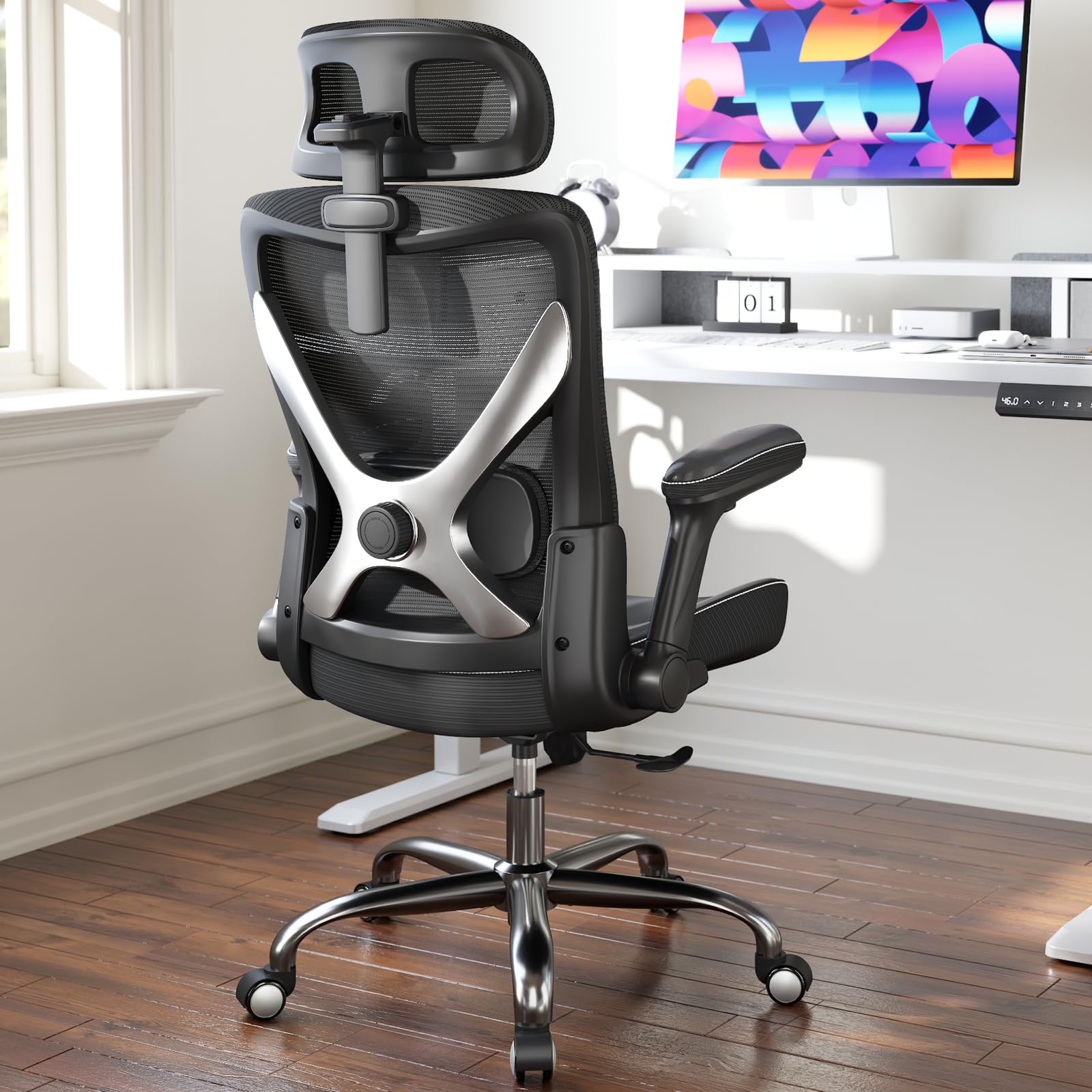 Ergonomic Desk Chair-Computer X-Shaped Chair Mesh PU Leather with Adjustable Lumbar Support-Executive Chair High Back with Headrest Flip-Up Arms for Long Hours