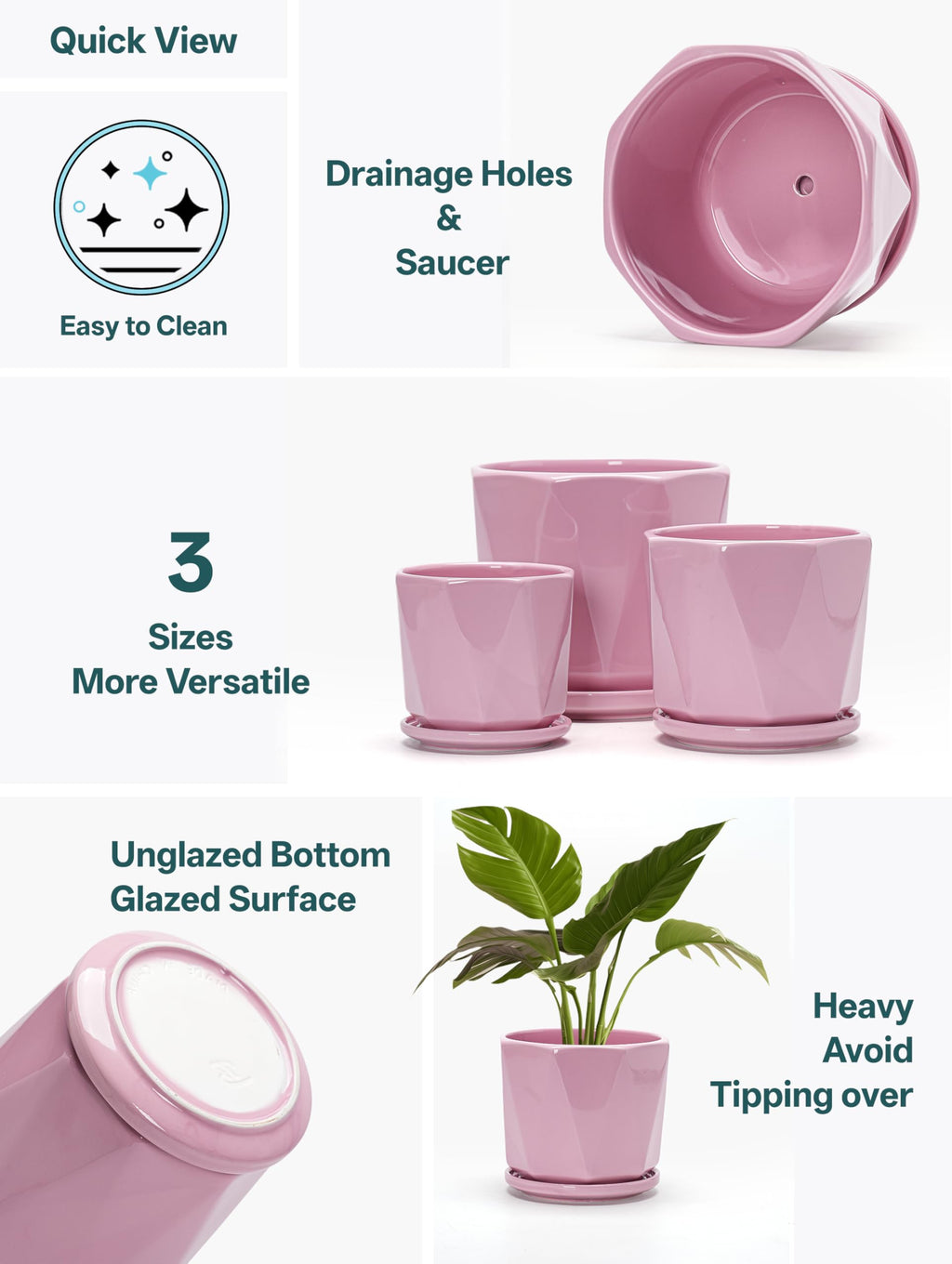 Ceramic Plant Pots Indoor, 8.6+7.1+5.5 Inch Planters with Drainage Holes and Saucers Set of 3 Large Flower Pots