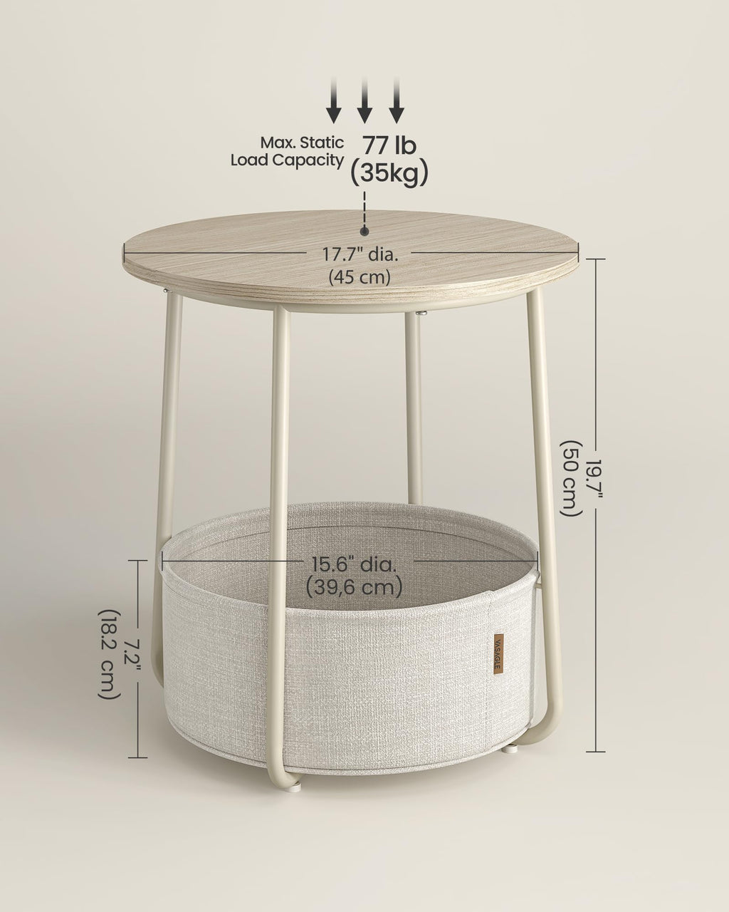 Small Bedside Table with Fabric Basket, Modern Nightstand, Round Side Table