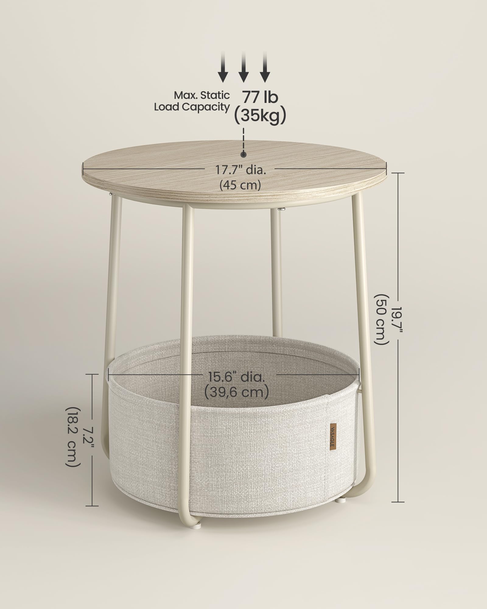 Small Bedside Table with Fabric Basket, Modern Nightstand, Round Side Table