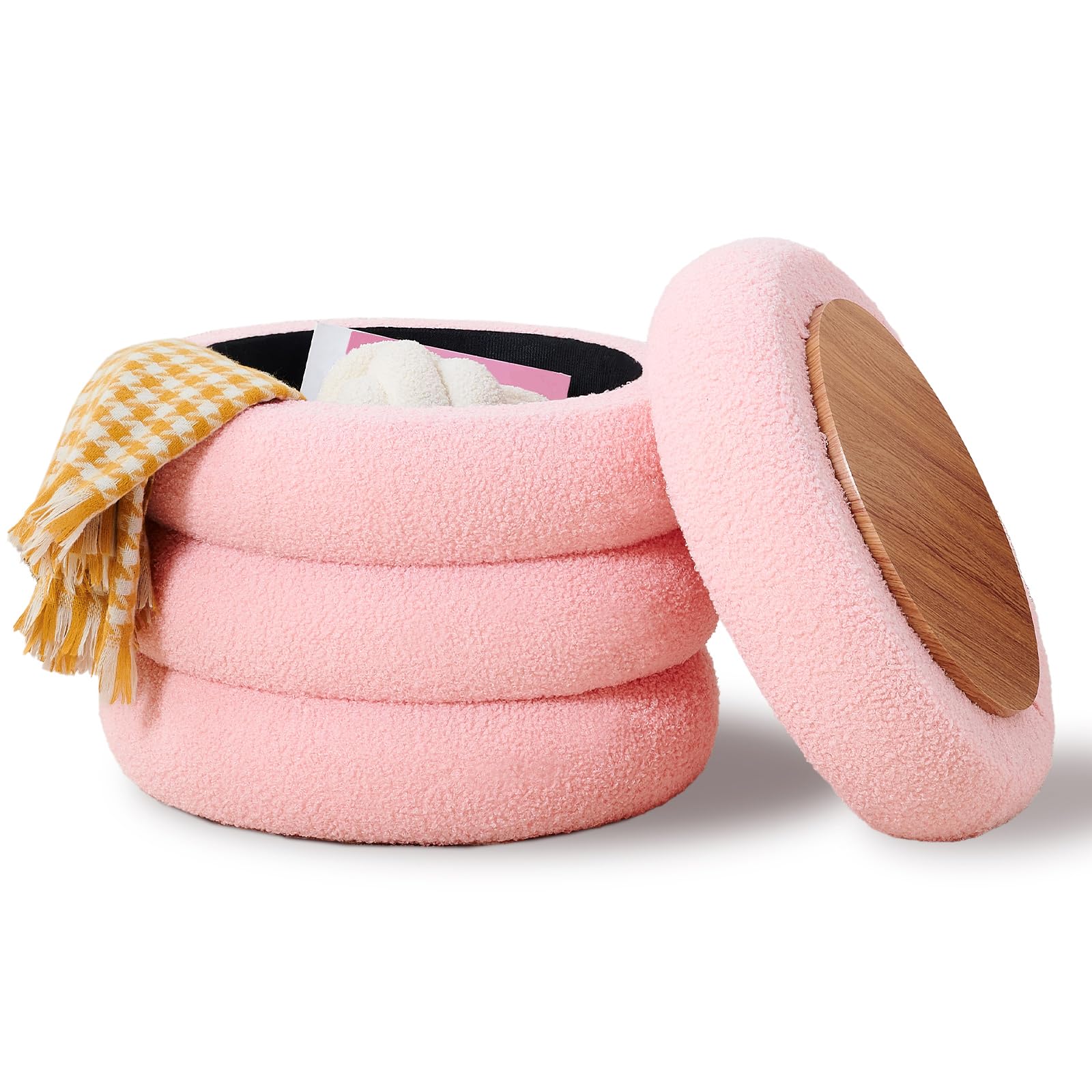 Round Storage Ottoman, Modern Sherpa Footstool with Flip-Top