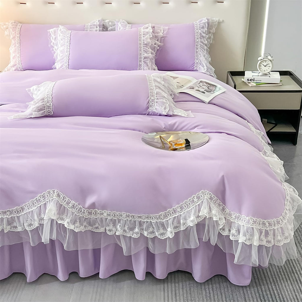 Chic Ruffle Lace Polyester Duvet Cover Set -Bedding-2 Piece Duvet Cover with Zipper Closure -Ultra Soft and Light Weight