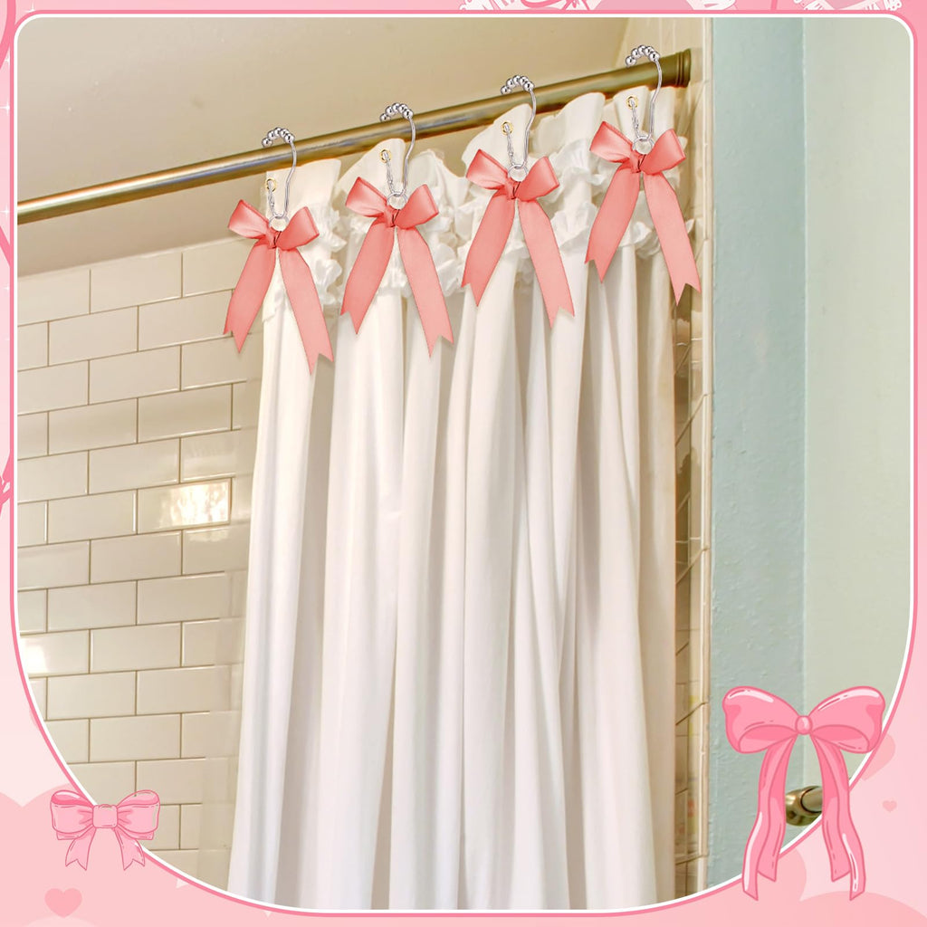Cute Bow Knot Ribbon Curtain Hooks Decorative Shower Rings Hanger Bathroom Decor Bathroom Accessories 12 Pcs