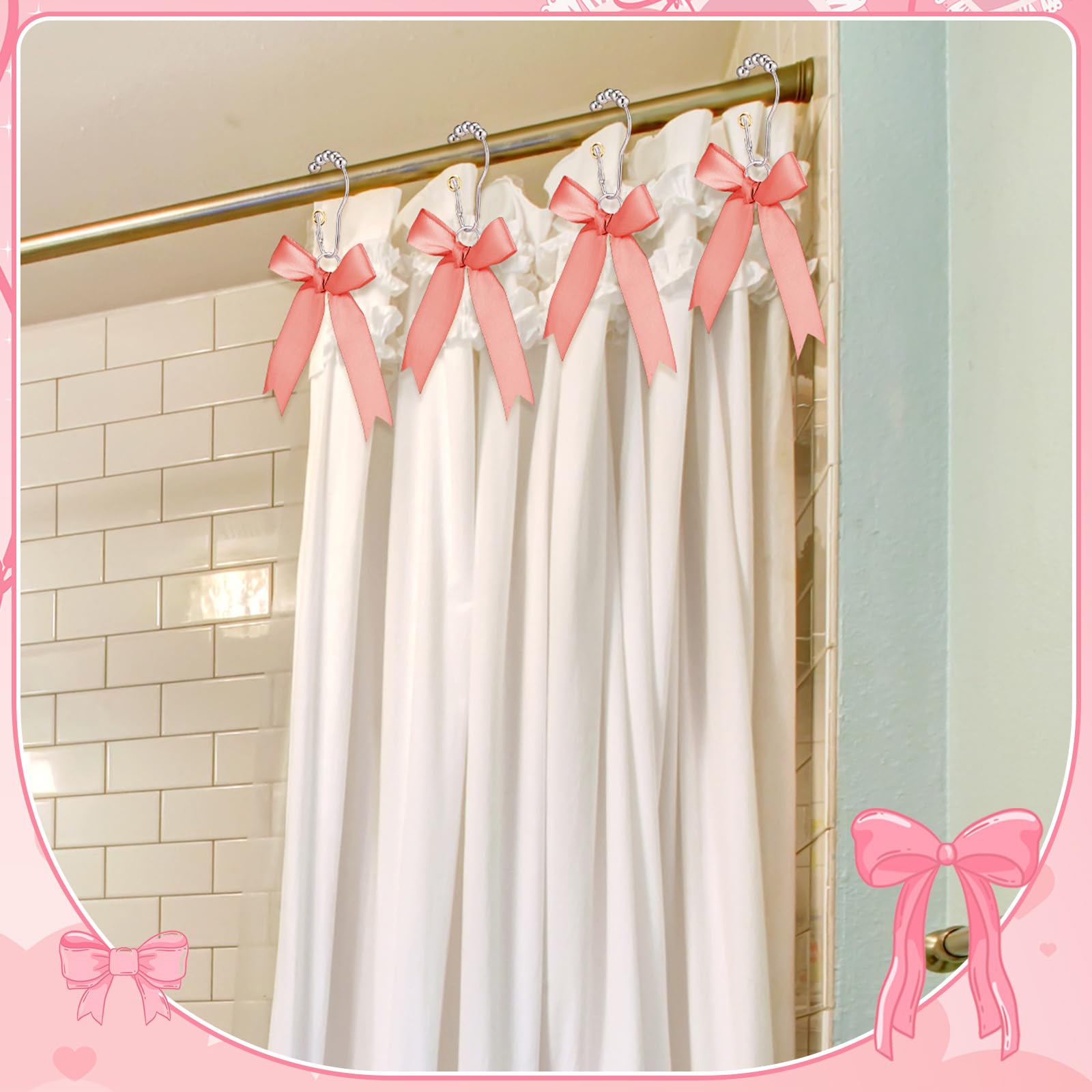 Cute Bow Knot Ribbon Curtain Hooks Decorative Shower Rings Hanger Bathroom Decor Bathroom Accessories 12 Pcs
