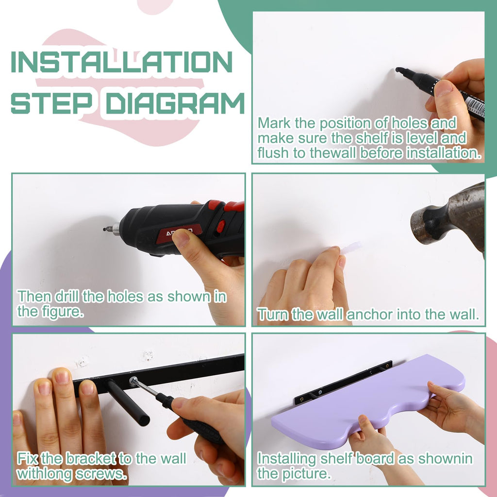 Set of 3 Wavy Cloud Floating Shelves â€?Funky Kawaii Danish Wall Decor for Bedroom & Bathroom (Pink, Green, Purple)