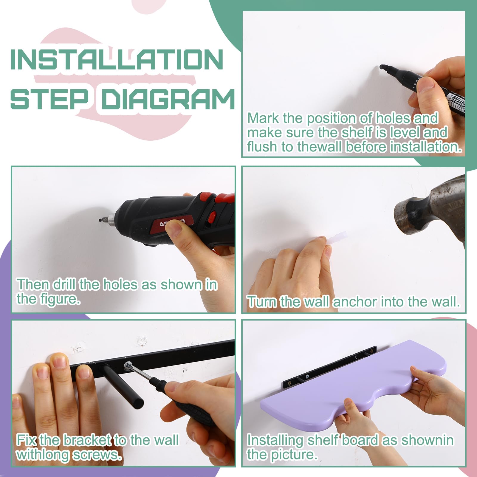 Set of 3 Wavy Cloud Floating Shelves â€?Funky Kawaii Danish Wall Decor for Bedroom & Bathroom (Pink, Green, Purple)