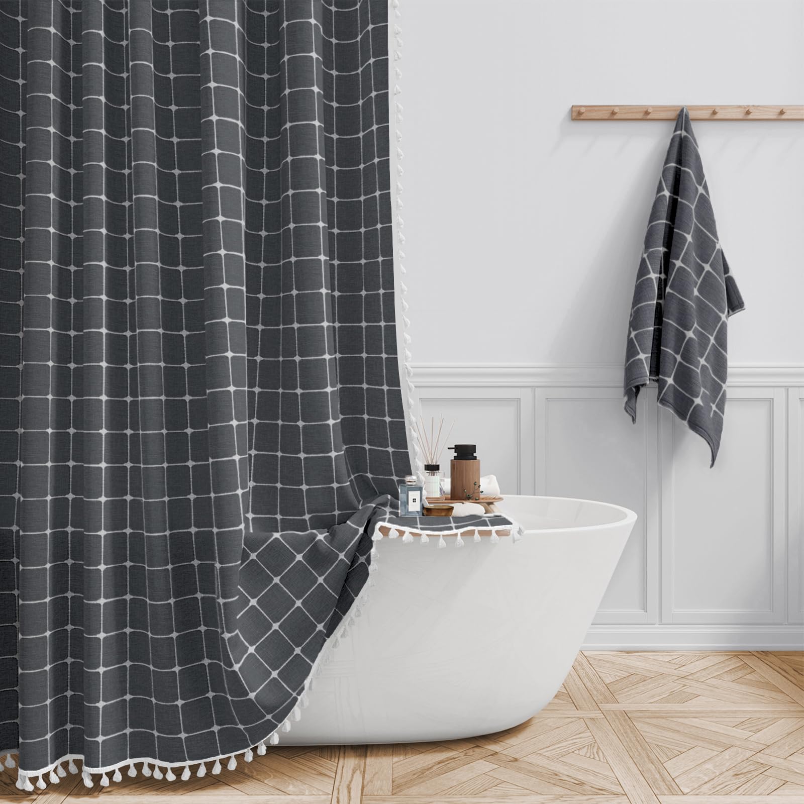 Vintage Boho Shower Curtain - Linen Rustic Heavy Duty Fabric with Tassel, Water Repellent