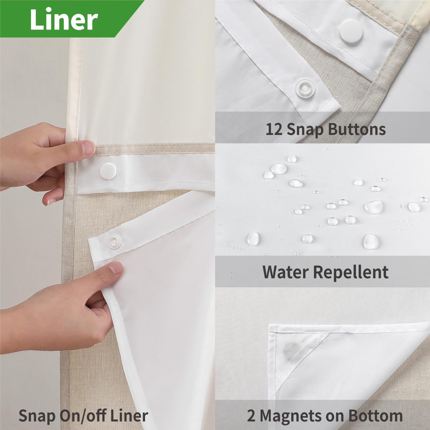 No Hooks Needed Linen Textured Shower Curtain with Snap-in Fabric Liner Set, Luxury Decor Shower Curtains for Bathroom with Mesh Top Window, Waterproof & Washable