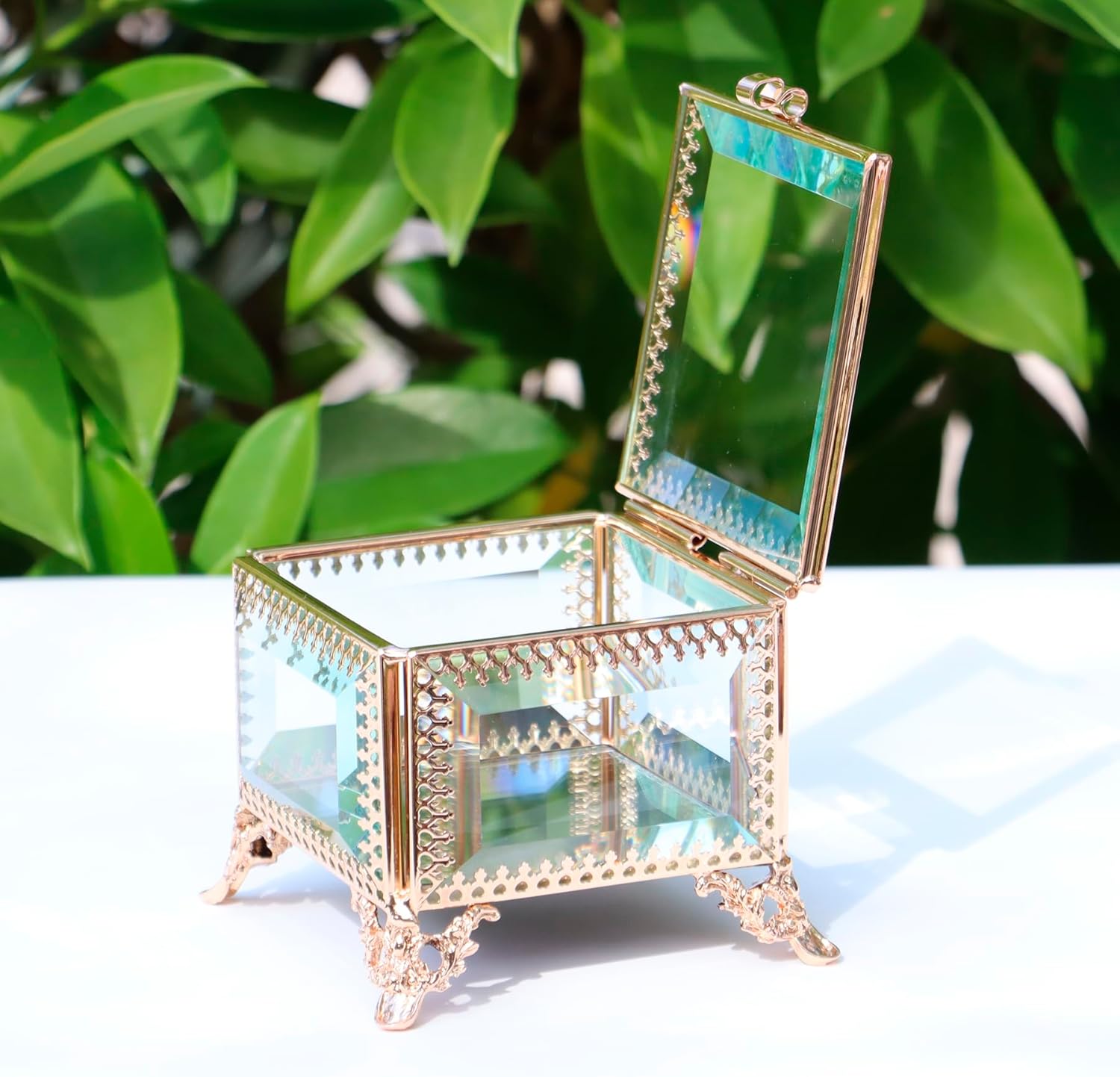 Square vintage glass lace jewelry box, 3.8x3.8x3.5 inches, commemorative box for rings, bracelets, accessories