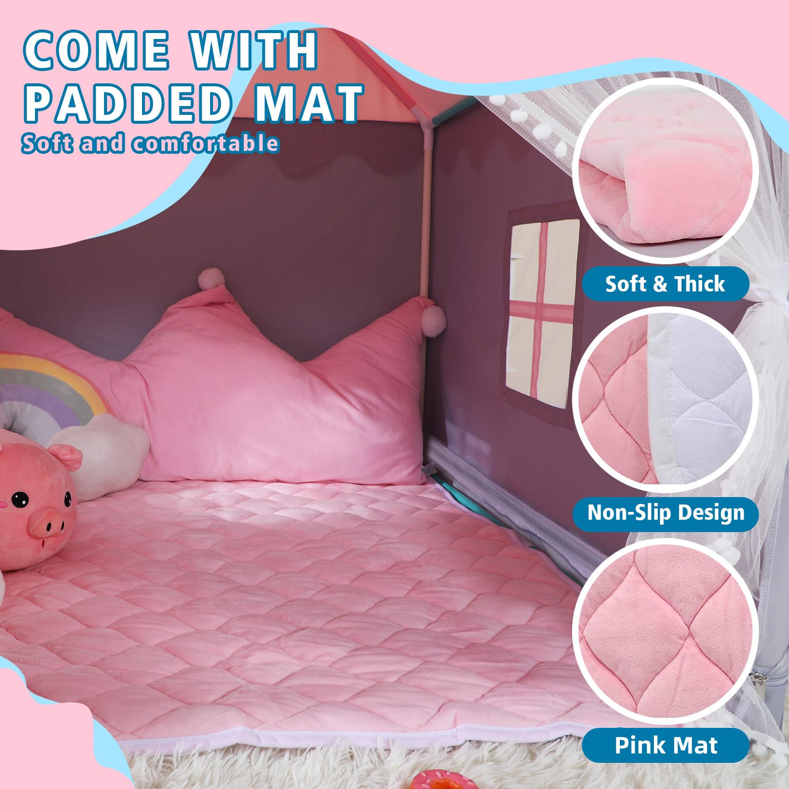 Kid Tent with Mat, Star Lights - Kids Play Tents for Toddlers Kids Tents Indoor Playhouse - Princess Tent for Girls Toy House