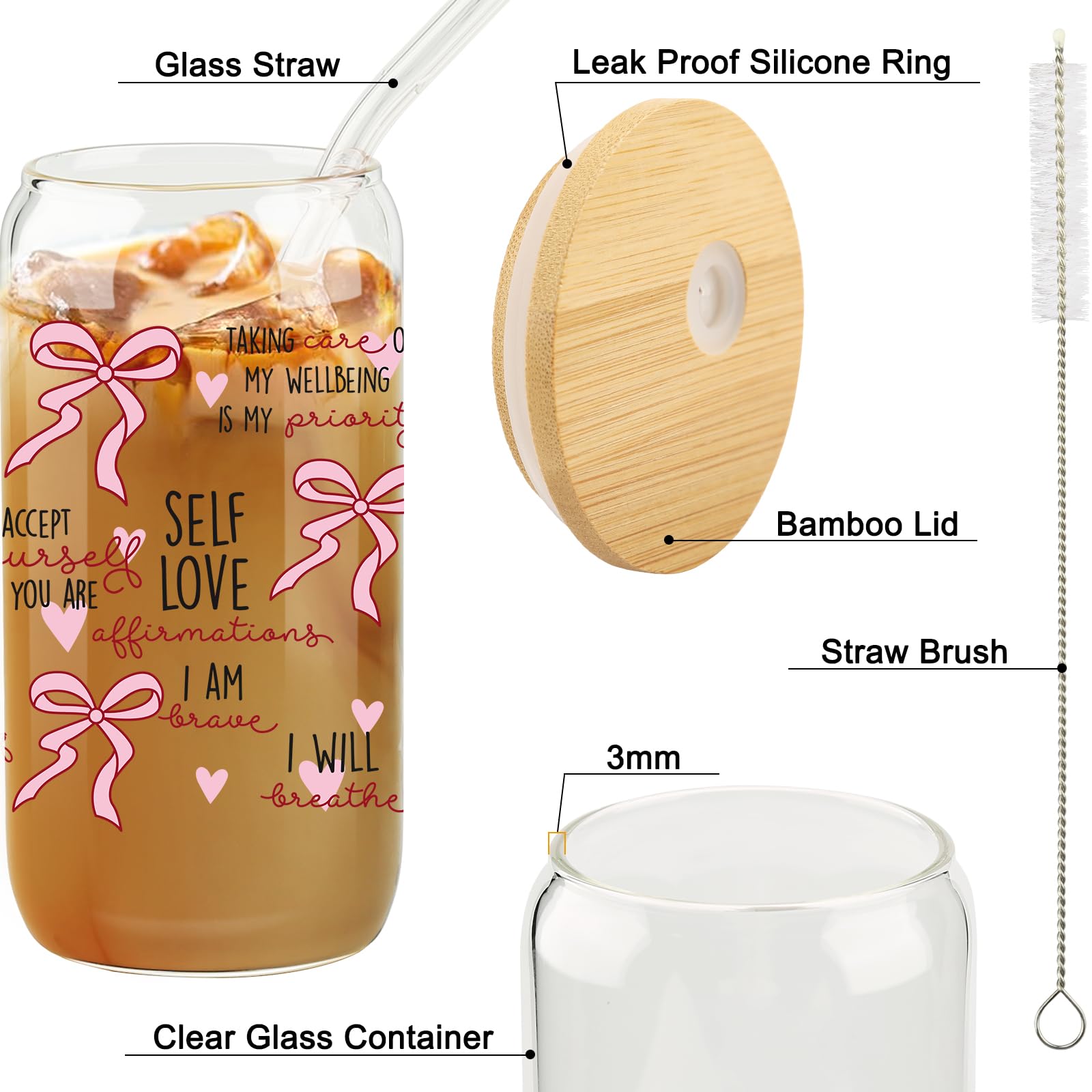 Cherry Bow Cup, Birthday Gifts for Women, Girly Gifts for Her, Sister, Mom, Colleague - 16 OZ Glass Tumbler with Straw & Lid, Coquette Iced Cup