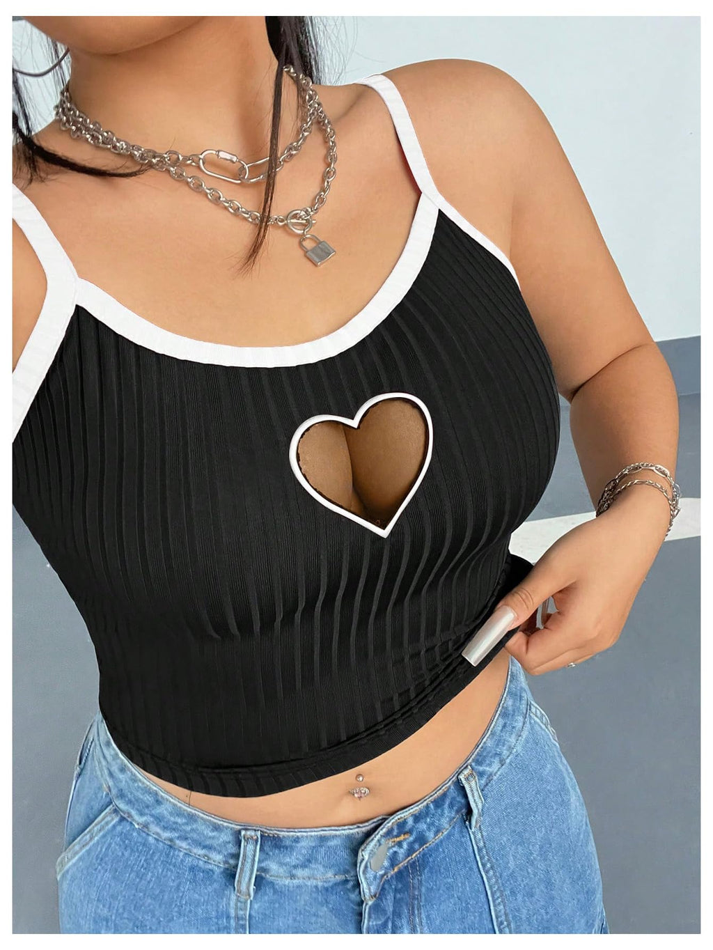 Women's Plus Size Cami Crop Tops Contrast Mesh Spaghetti Strap Summer Top