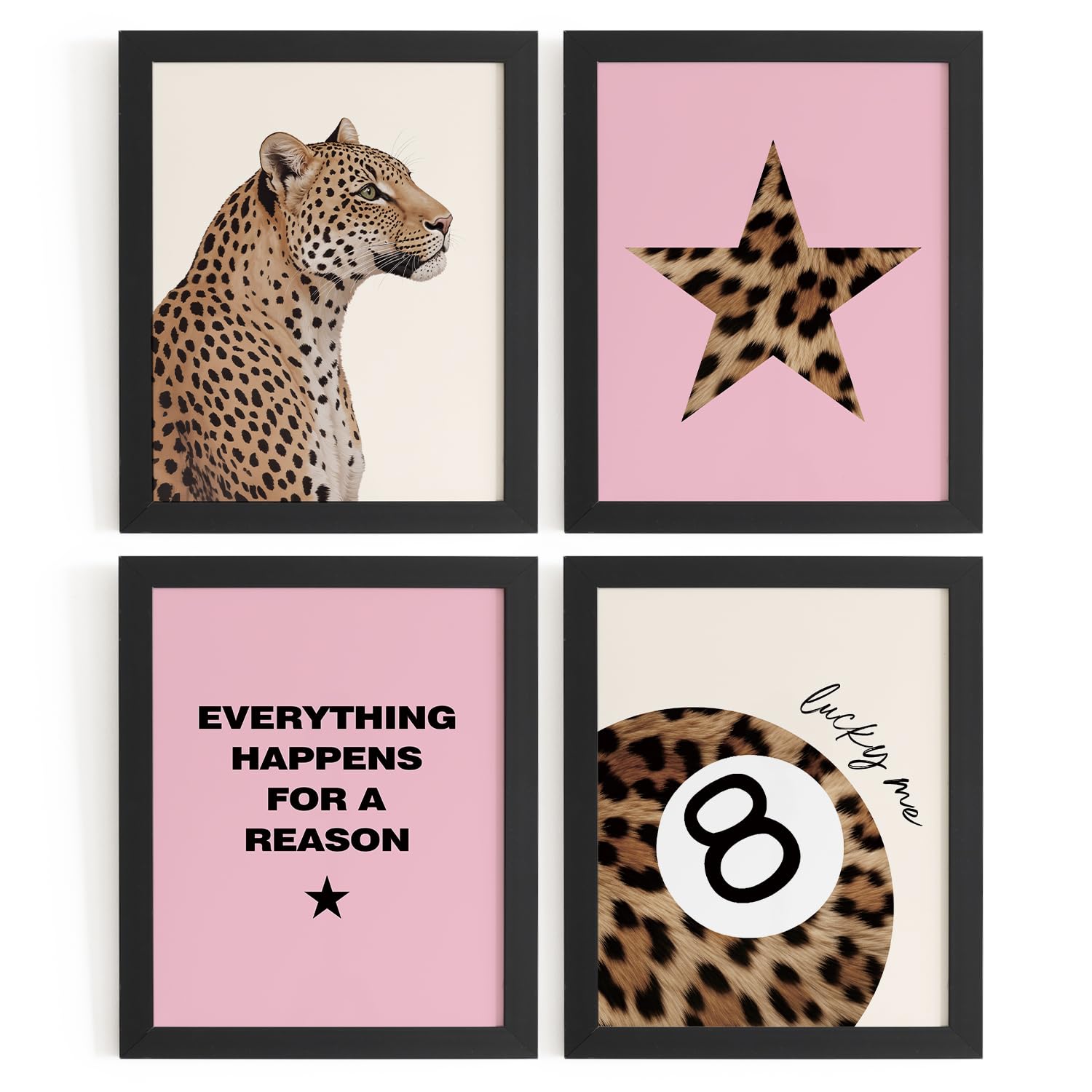 Trendy Leopard Wall Art Prints Set of 4 Funky Lucky 8 Ball Posters Prints Preppy Room Aesthetic Cheetah Wall Decor for Girls Room Dorm Apartment 8x10 Unframed