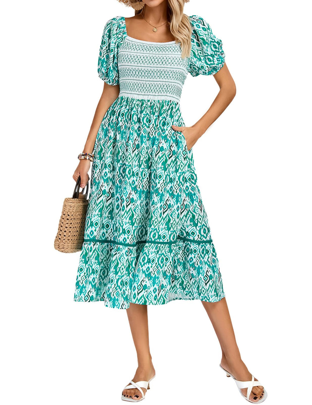 Kate Kasin Women's Summer Floral Boho Dresses Casual Square Neck Smocked Flowy Tiered Beach Midi Dress with Pockets