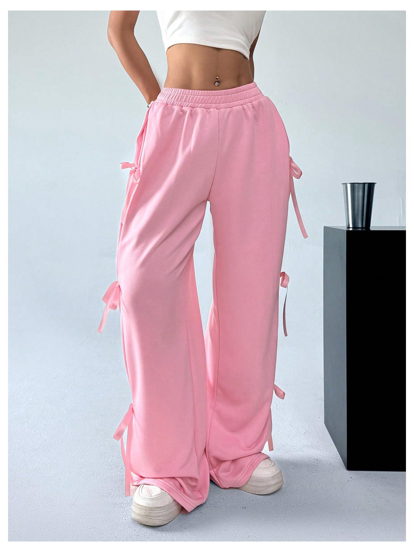 Women's Bow Wide Leg Sweatpants Elastic Waist Casual Baggy Pants with Pocket