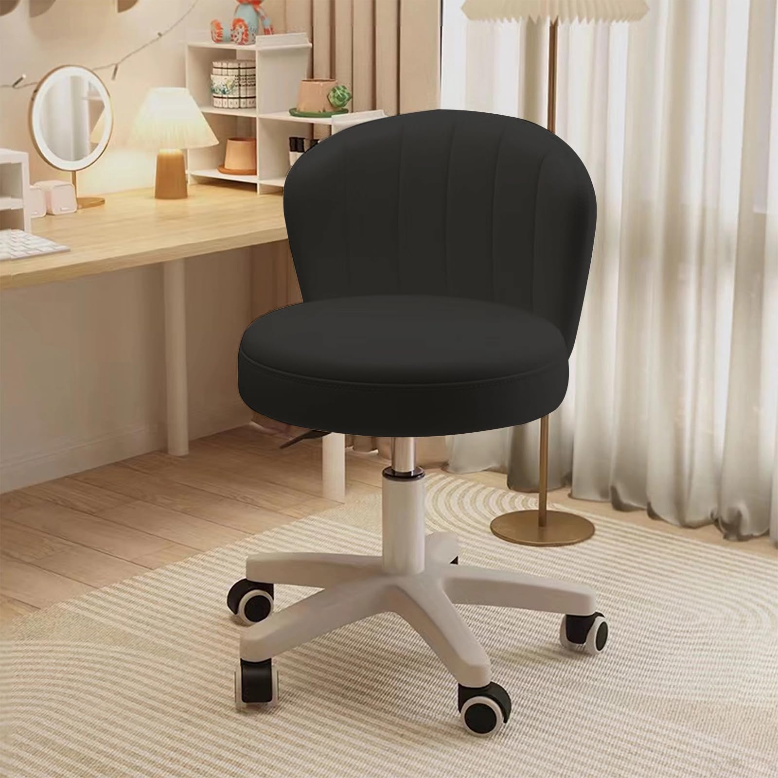Small Desk Chair Round Rolling Chair with Back PU Leather Height Adjustable Swivel Vanity Work Computer Stool Chair