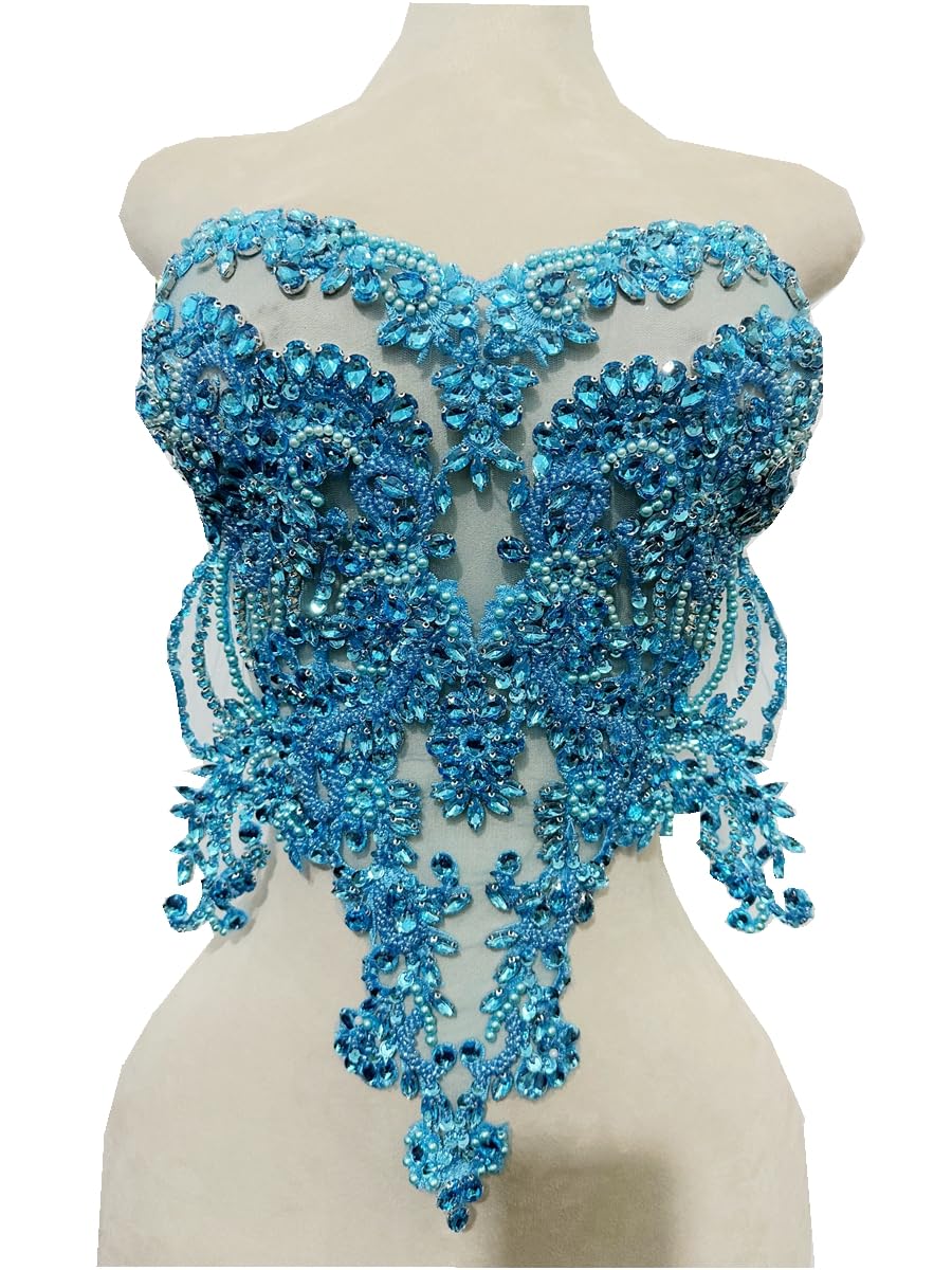 Handmade red/Blue/Gold/Green Rhinestones lace Bodice Applique Sewing Beads Crystal Trim Patches Accessory for Dress Clothes (Rose red)