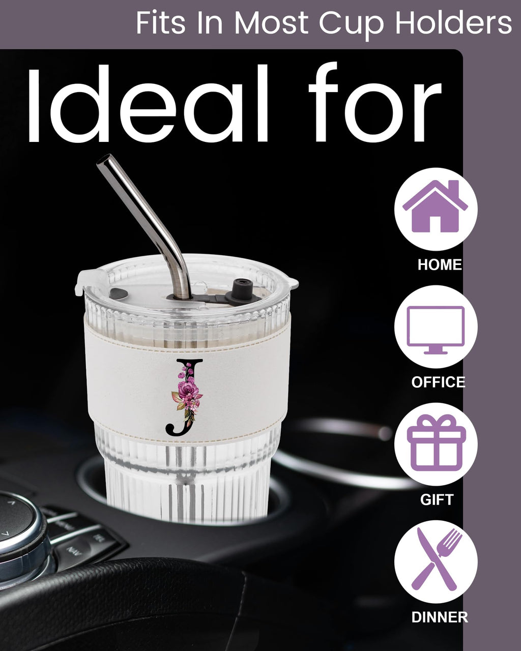 Initial Glass Cup with Lid Straw Ribbed Ice Tea Clear Tumbler Her Sister Coffee Matcha Latte Girlfriend Gf Aunt Best Friend Friendship Bestie Wife Cute Asthetic Unique Birthday Personalized Gift K