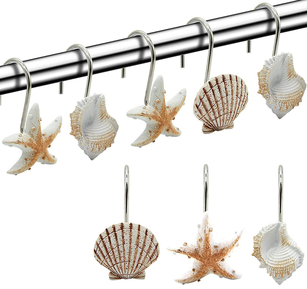 Seashell Shower Curtain Hooks, 12PCS Anti Rust Decorative Resin Hooks for Bathroom