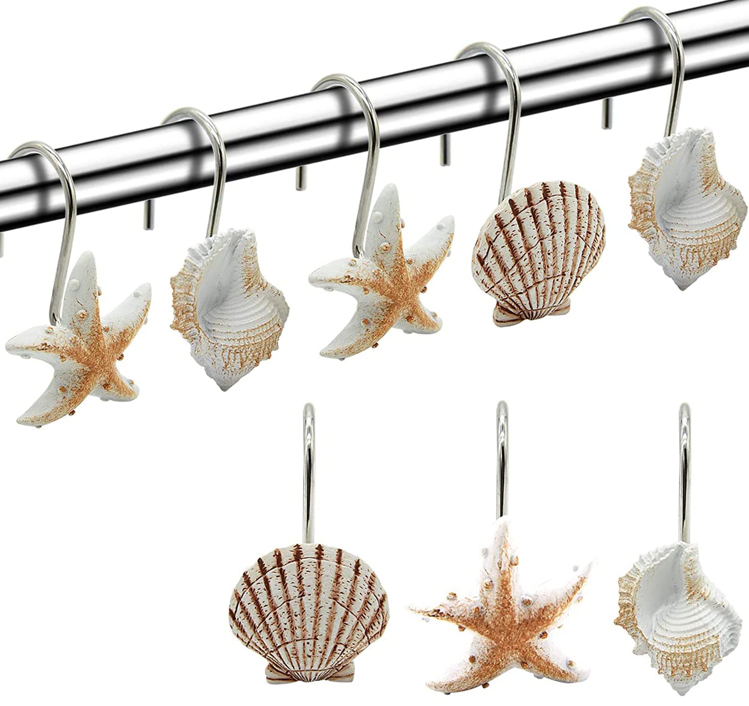 Seashell Shower Curtain Hooks, 12PCS Anti Rust Decorative Resin Hooks for Bathroom