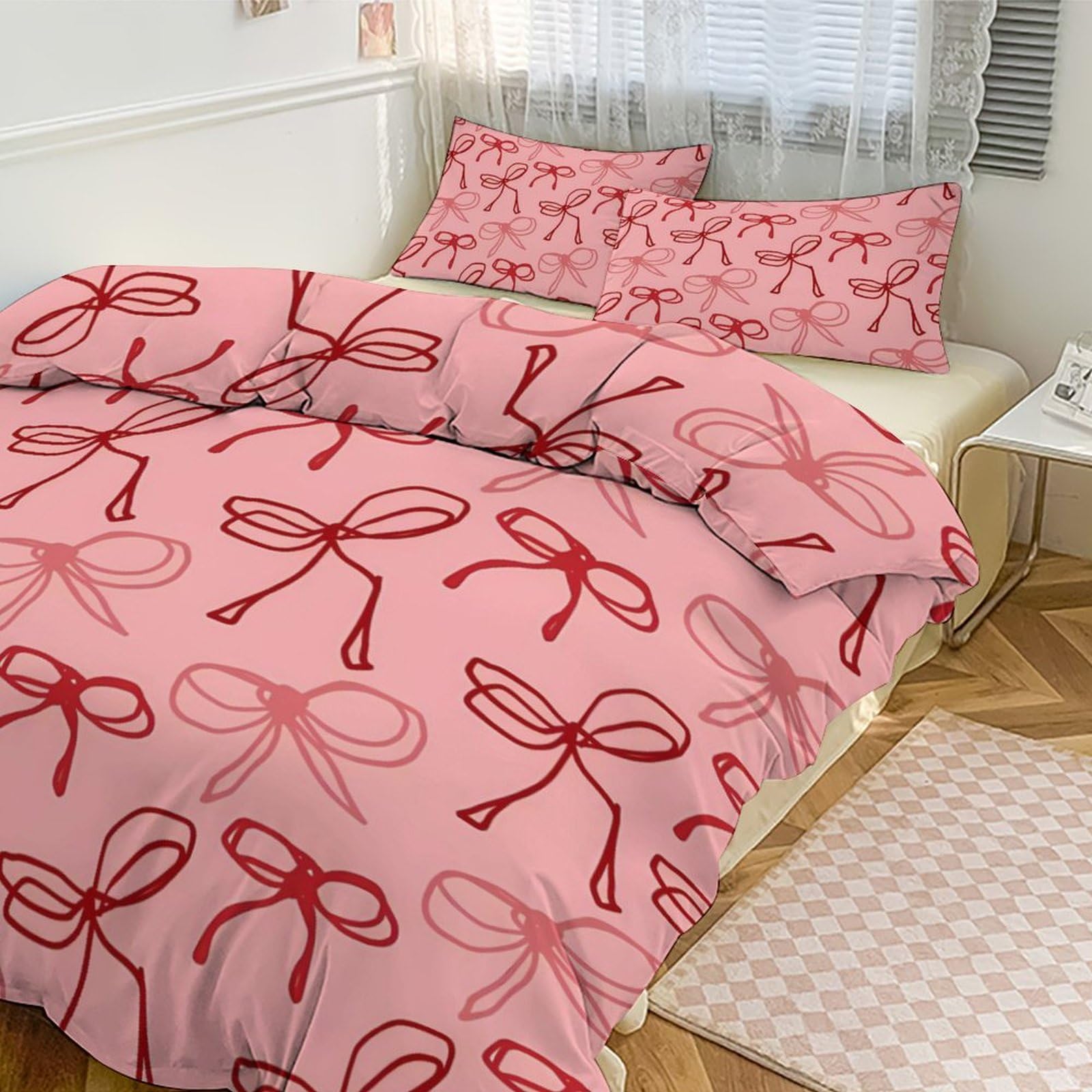 Pink Red Bow Comforter Set Duvet Cover Quilt Cover Set Ultra Soft Bed Cover (1 Duvet Cover+2 Pillowcases)