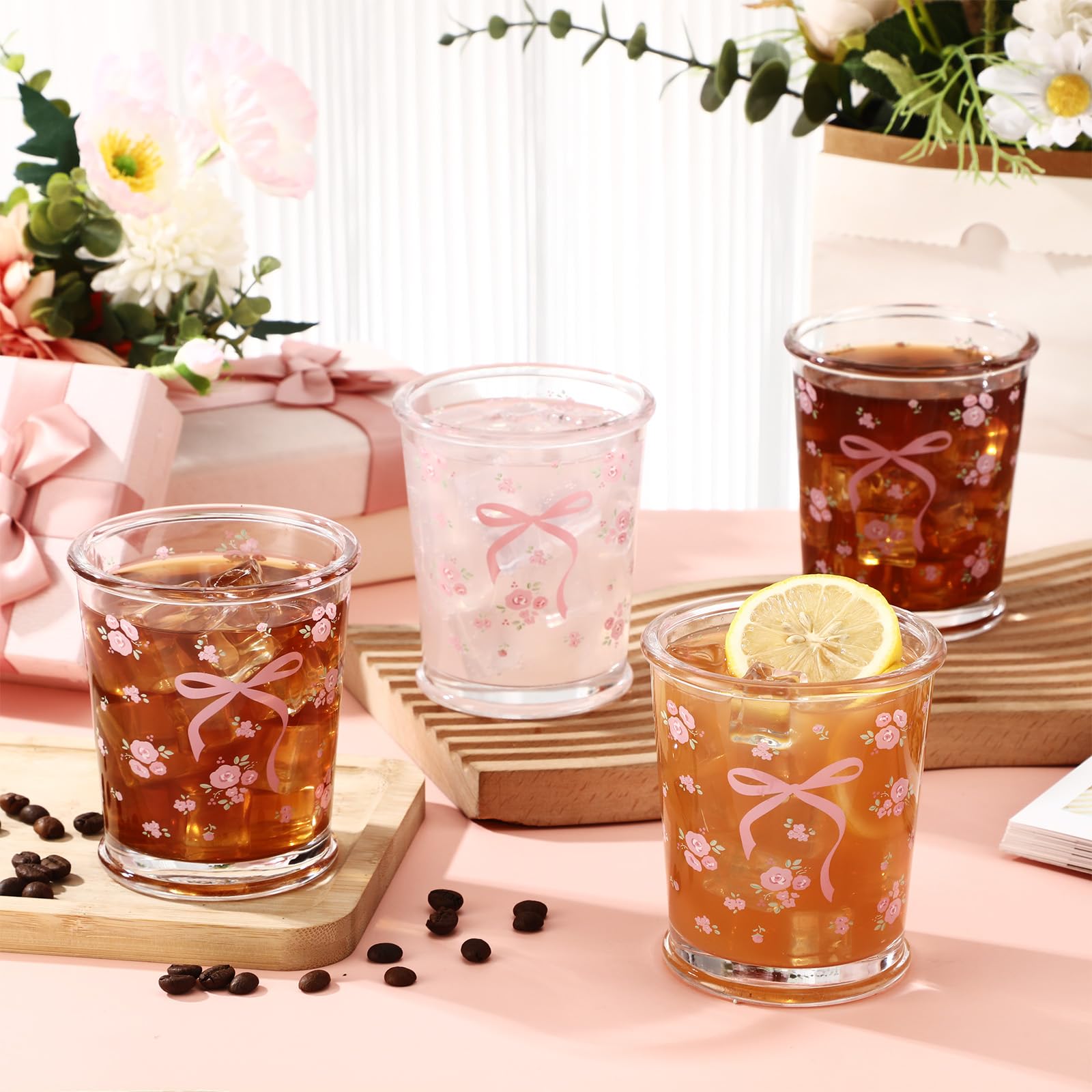 Coquette Bow Glass Cups Pink Bow Aesthetic Drinking Glasses 4 Pcs 8oz