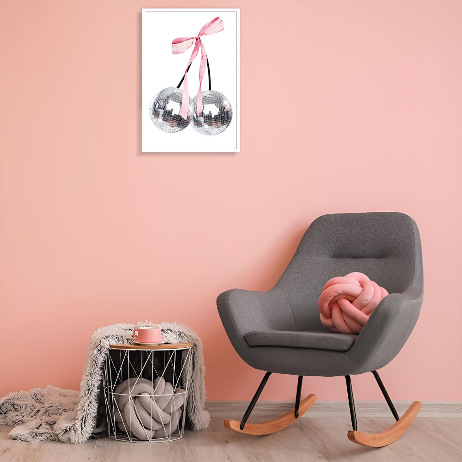 Trendy Pink Bow Disco Ball Posters White Cherry Canvas Wall Art Funky Coquette Bow Ribbon Preppy Aesthetic Prints Painting