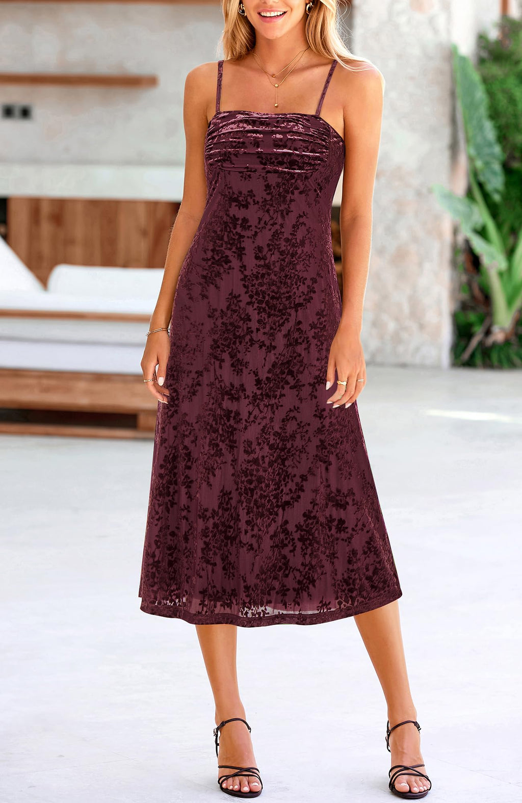 Women's Sleeveless Spaghetti Strap Midi Sexy Cowl Neck Floral Dress