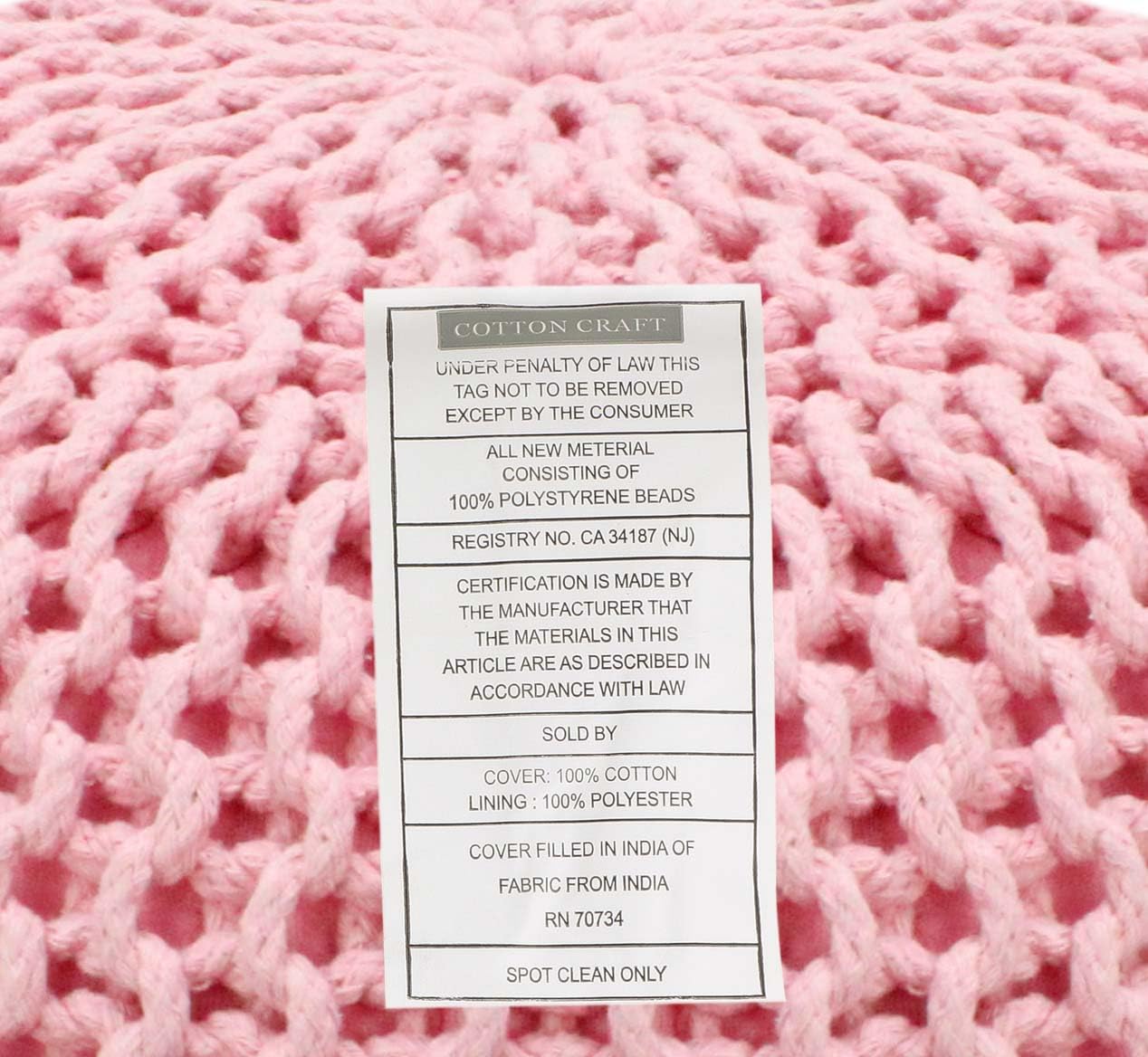 Hand-Knitted Cotton Round Pouf â€?Braid Cord Ottoman, Footrest, and Accent Seat for Living Room, Nursery, Kids Room, or Dorm Décor â€?20x14