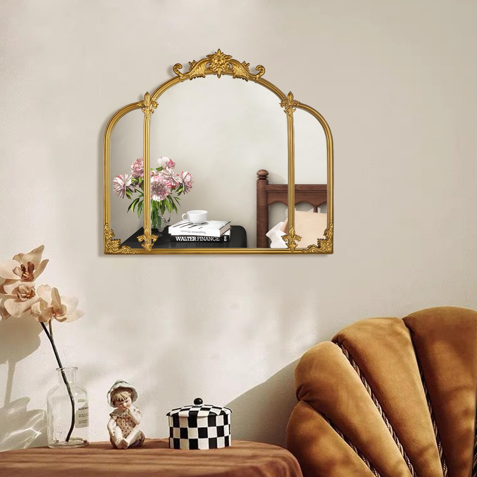 Gold Arch Wall Mirror, Vintage Ornate Baroque Mirror with Metal Frame, Decorative Vanity Mirror 24"x22"
