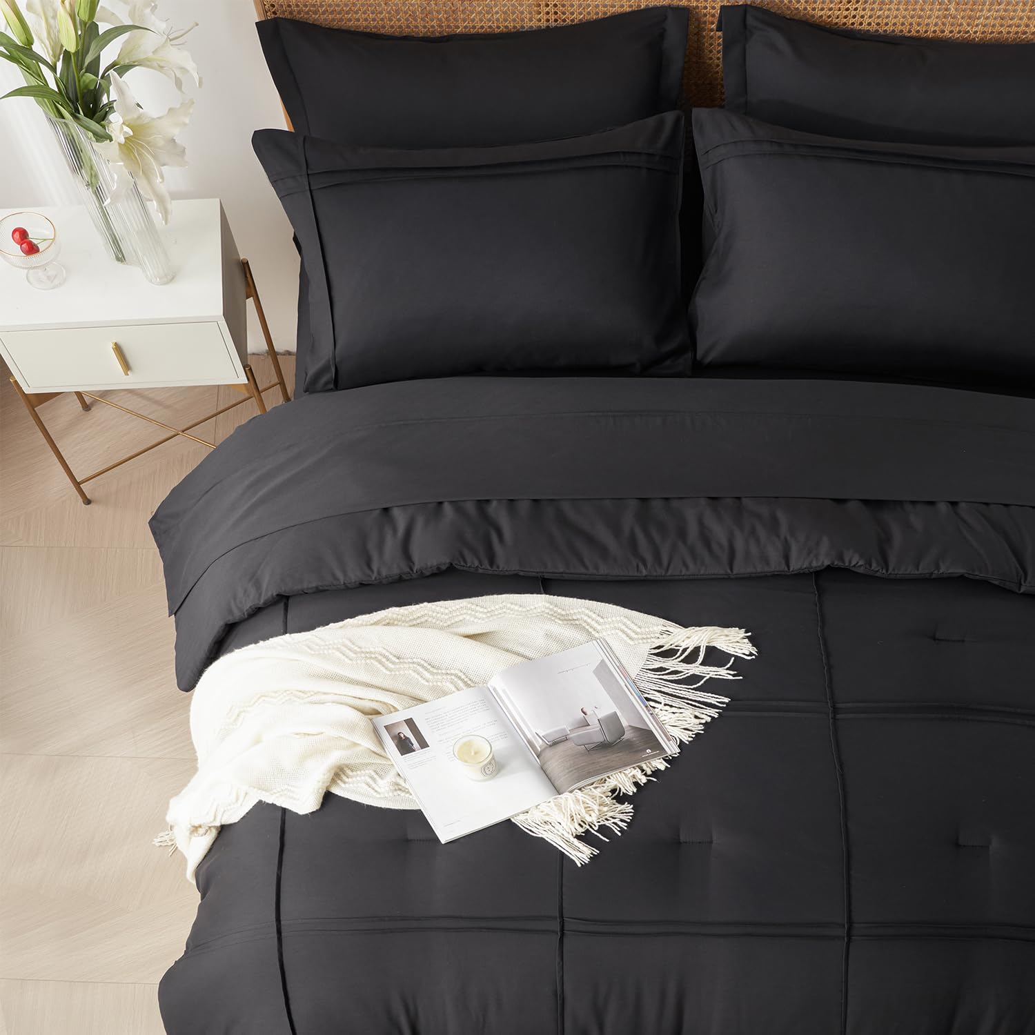 Comforter Set 7 Piece Bed in a Bag, Grid Pinch Pleat Bedding Set, Striped Textured Soft Microfiber Comforter with Sheet Set