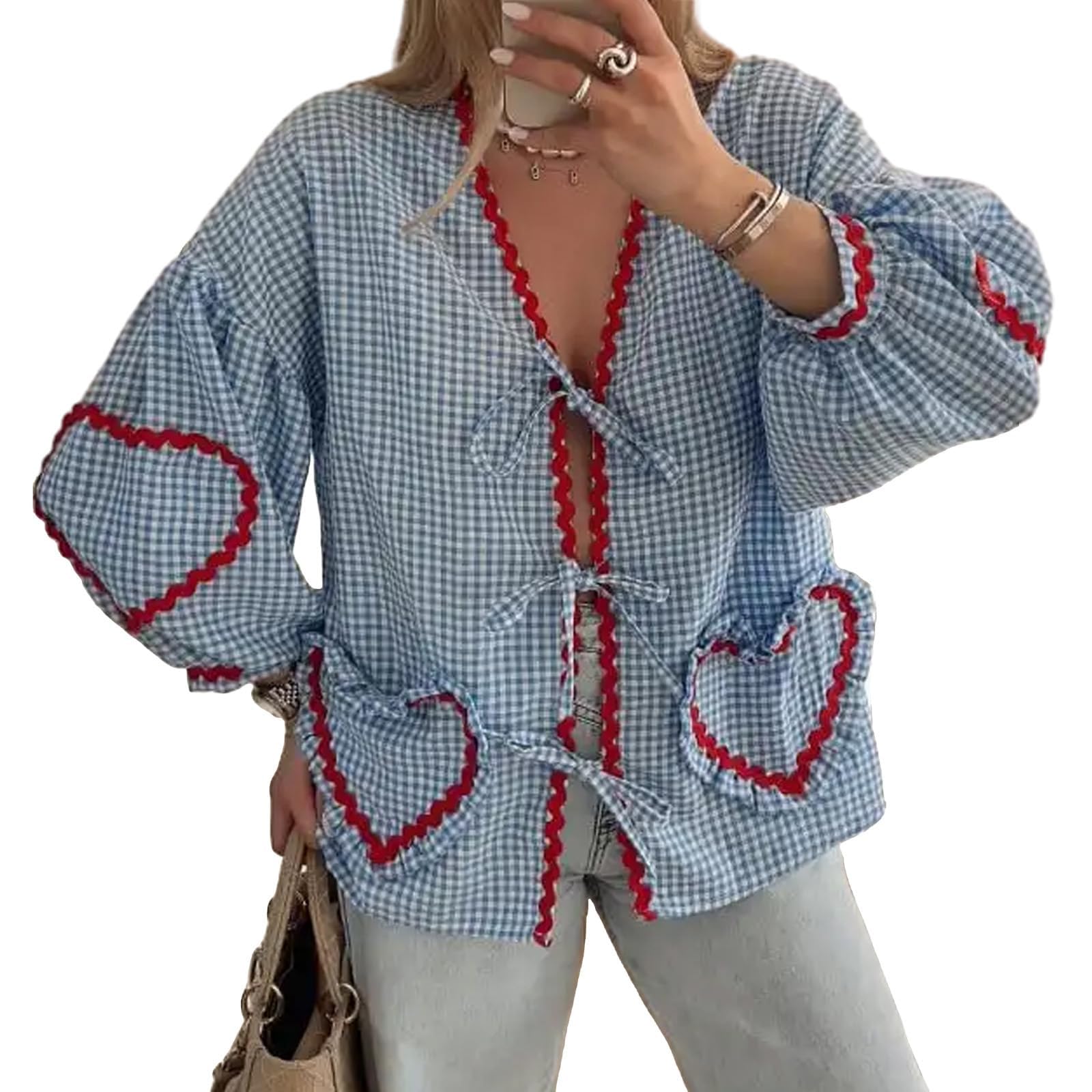 Tie Front Tops for Women Gingham Babydoll Bow Top Puff Sleeve Coquette Tops Heart Long Sleeve Cute Spring Tops
