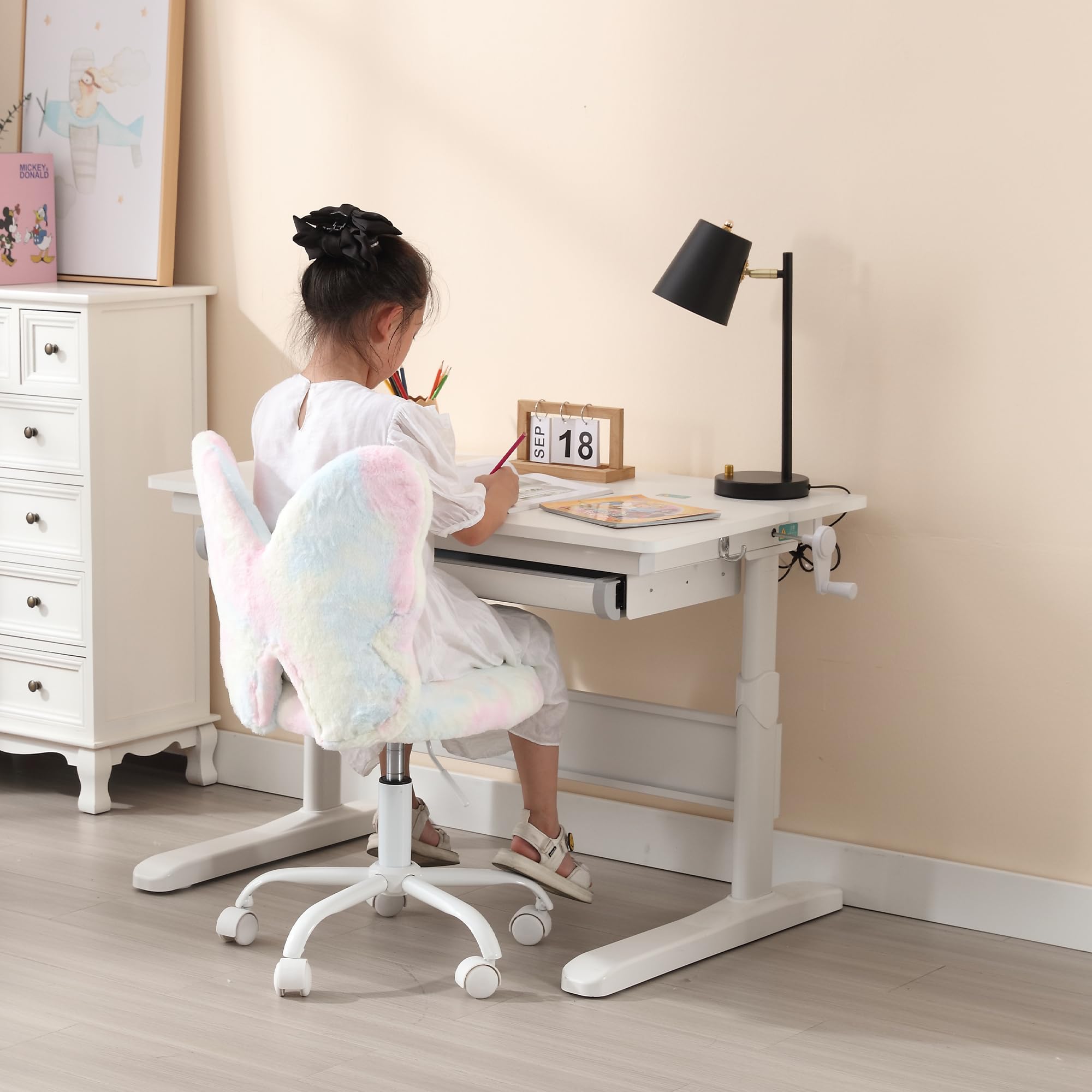 Kids Desk Chair Butterfly Faux Fur Study Chair Adjustable Vanity Chair, Small Cute Student Task Chair with White Foot