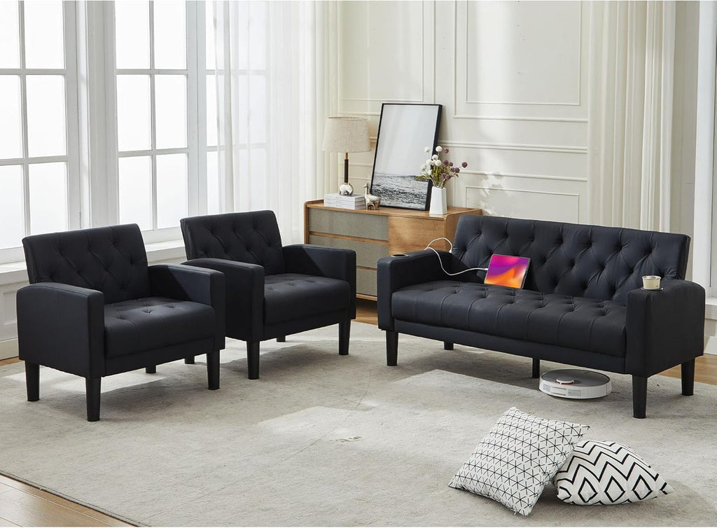 Velvet Loveseat Sofa w/ 2 USB Charger Ports and 2 Cupholders, Mid-Century Modern Tufted