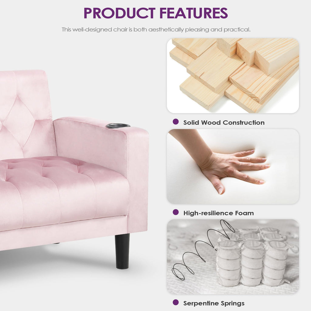 Velvet Loveseat Sofa w/ 2 USB Charger Ports and 2 Cupholders, Mid-Century Modern Tufted